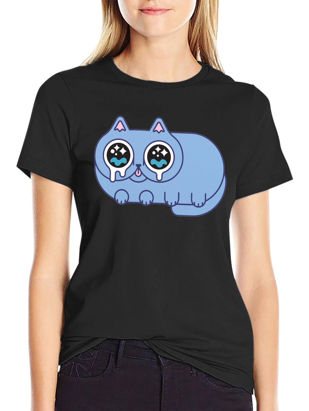 Sad Crying Cat Graphic Black T-Shirt