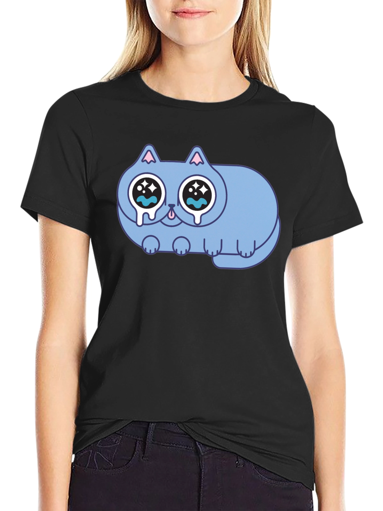 Sad Crying Cat Graphic Black T-Shirt
