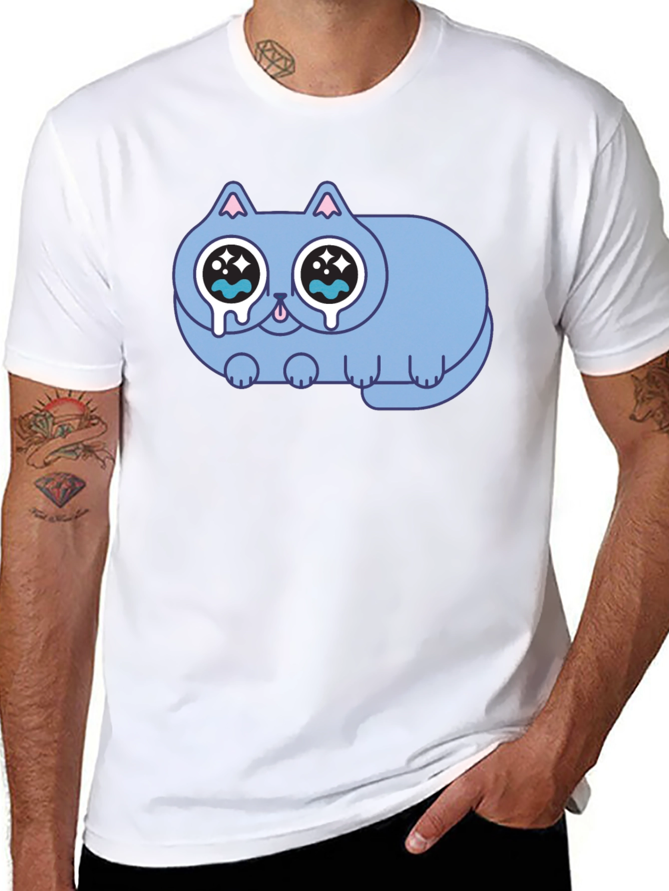Sad Crying Cat Graphic Black T-Shirt