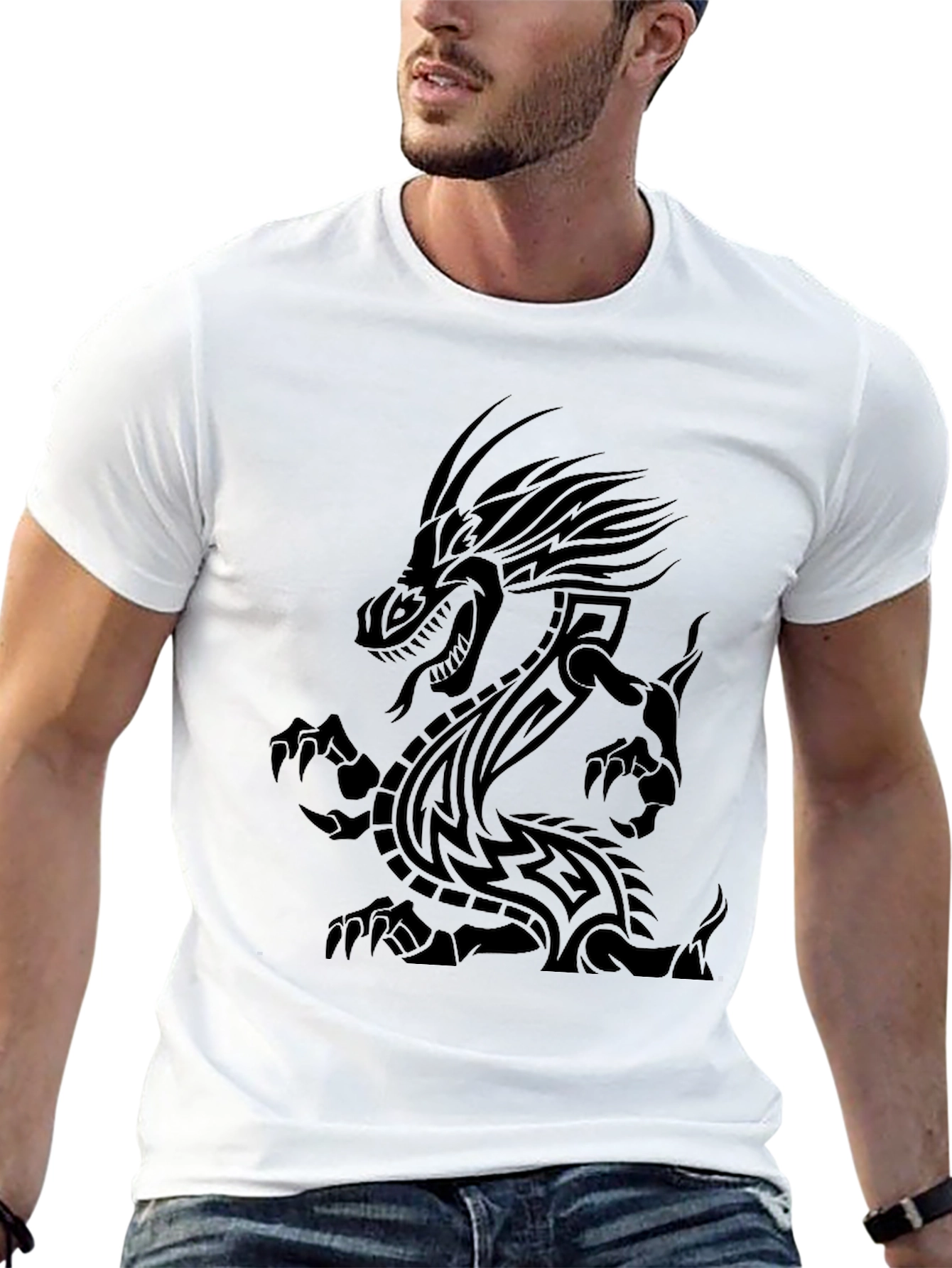 Tribal Dragon Graphic Print Black T-Shirt