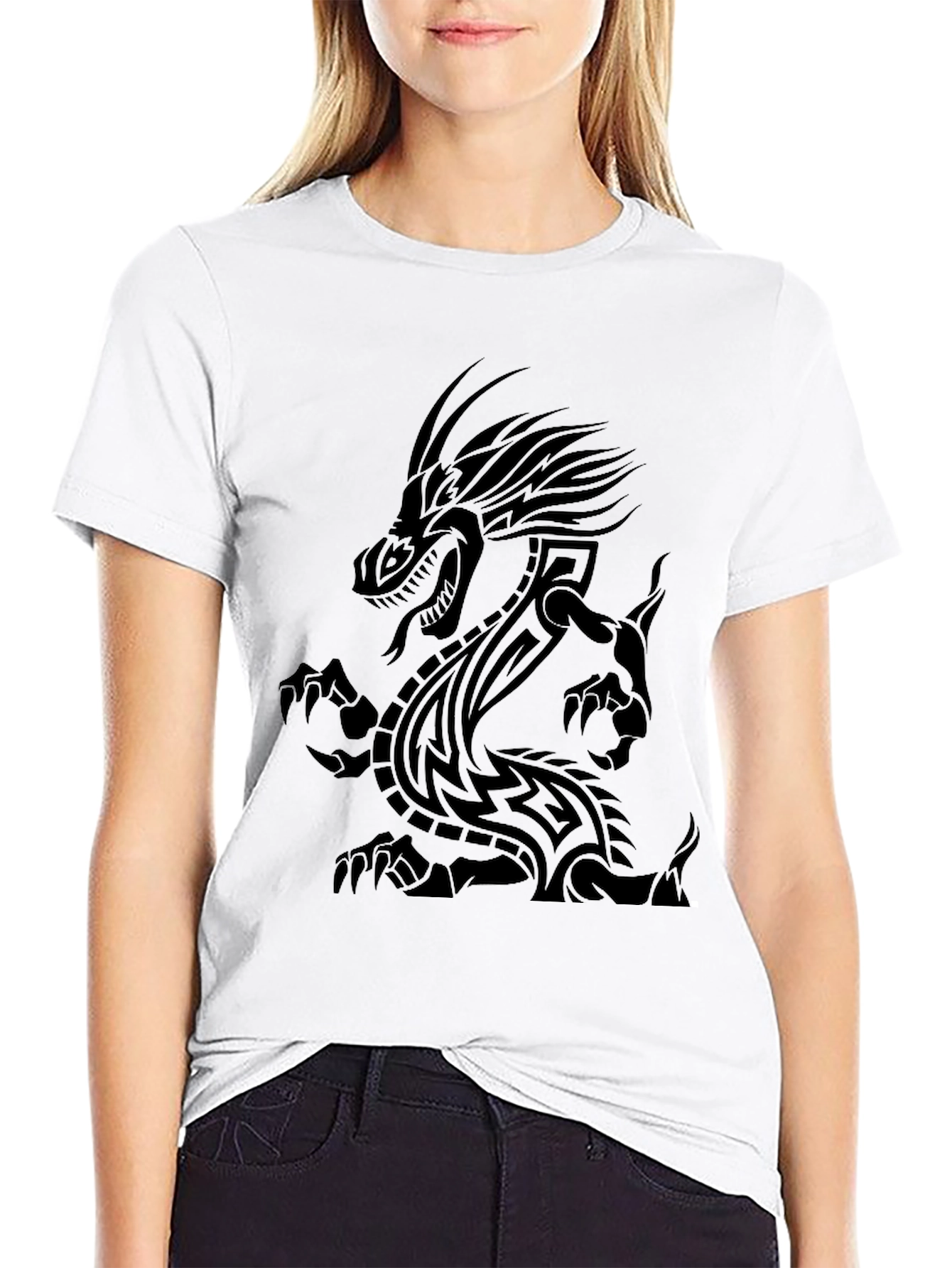 Tribal Dragon Graphic Print Black T-Shirt