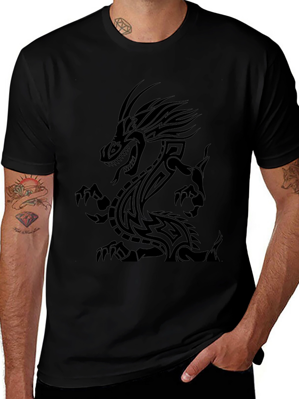 Tribal Dragon Graphic Print Black T-Shirt