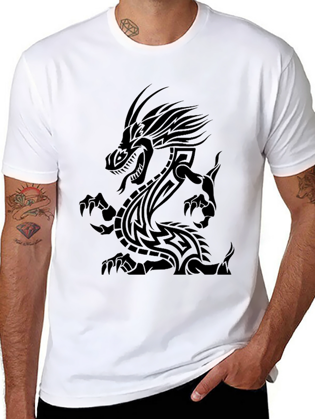 Tribal Dragon Graphic Print Black T-Shirt