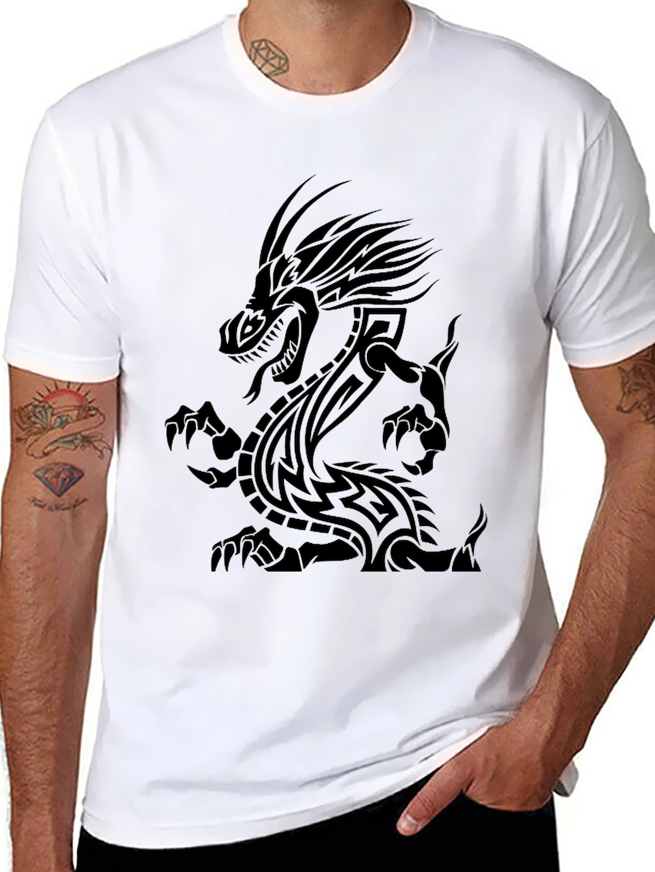 Tribal Dragon Graphic Print Black T-Shirt