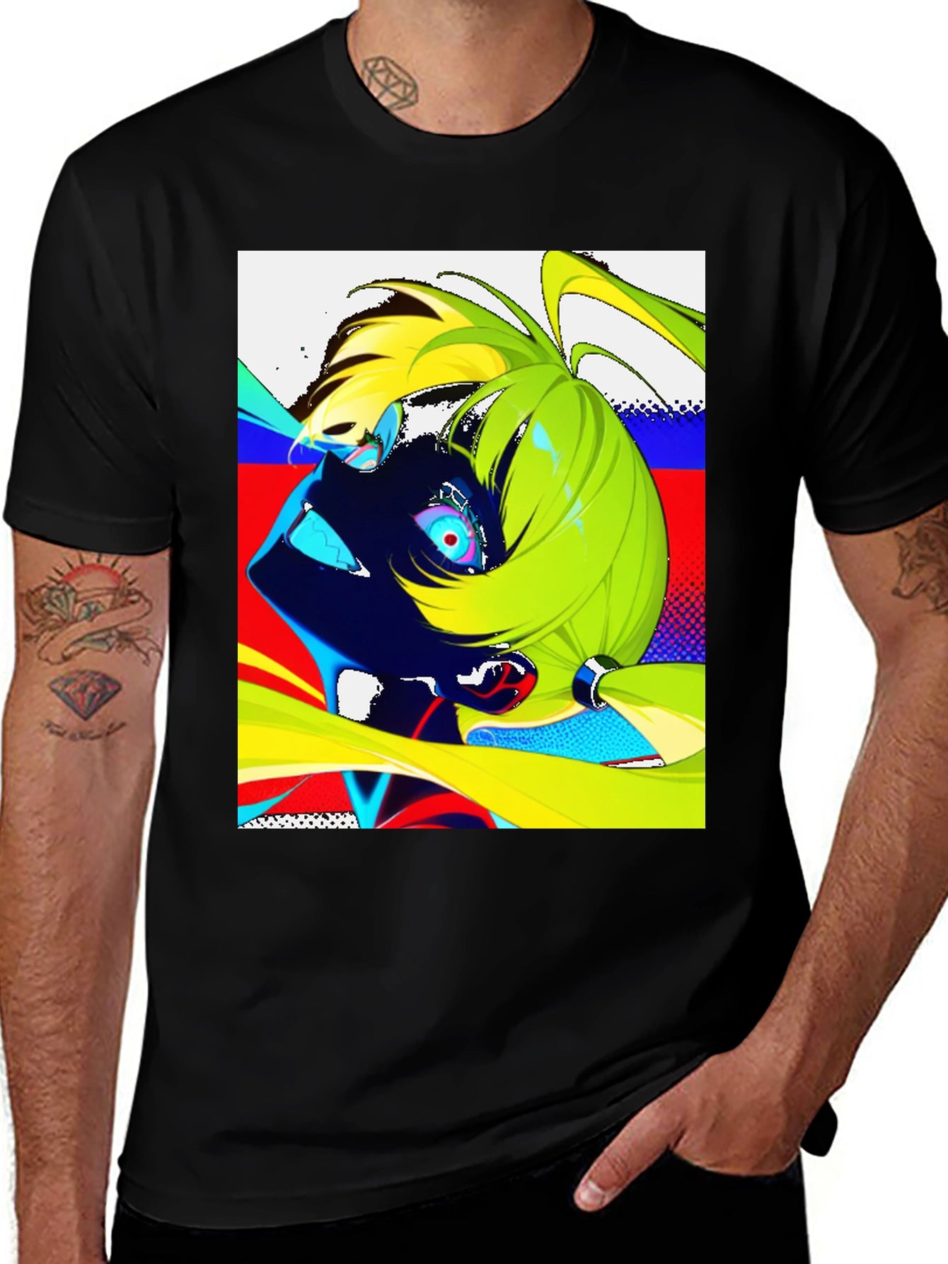 Anime Graphic Print Black Crew Neck Mens T-Shirt