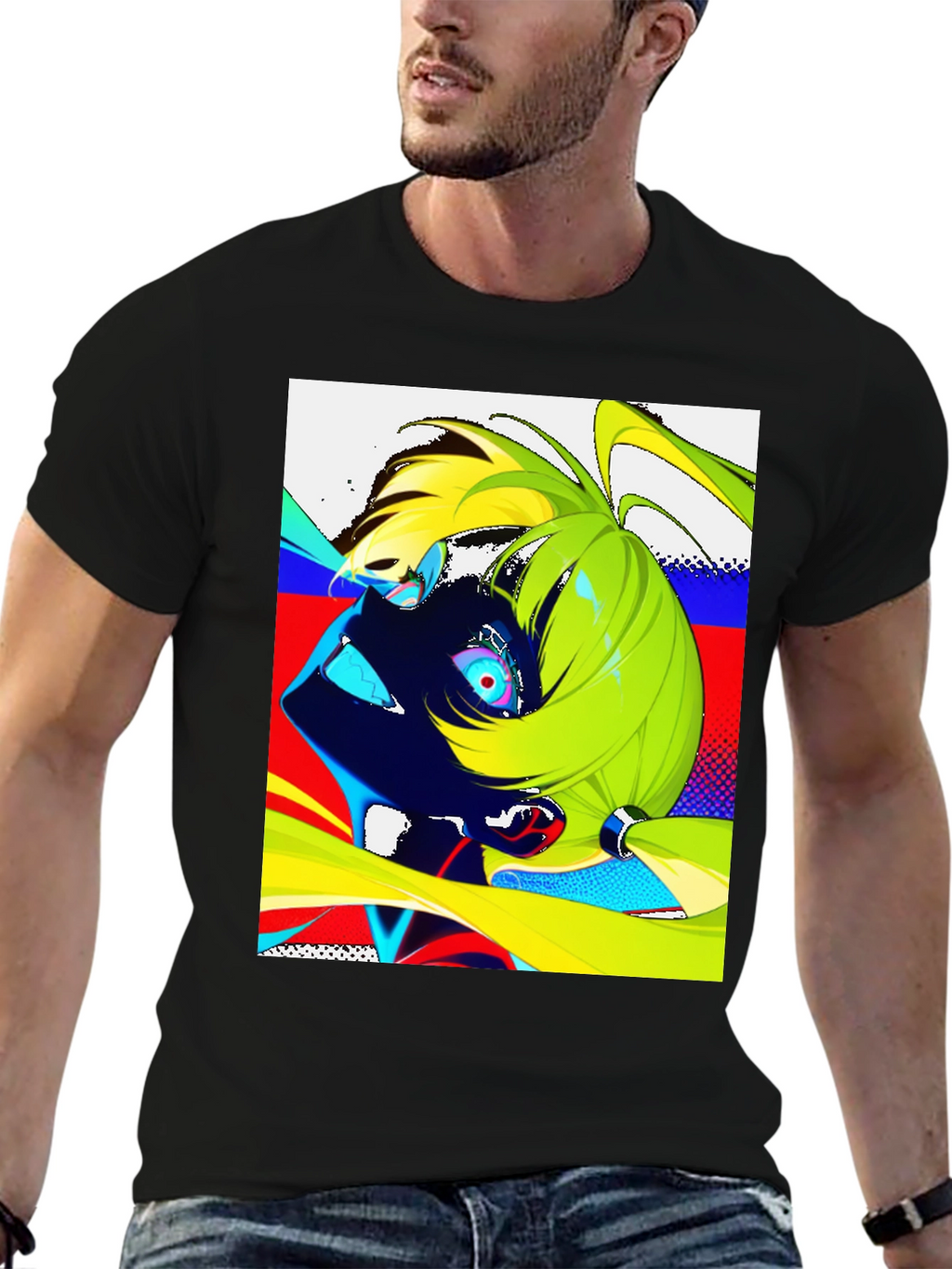 Anime Graphic Print Black Crew Neck Mens T-Shirt