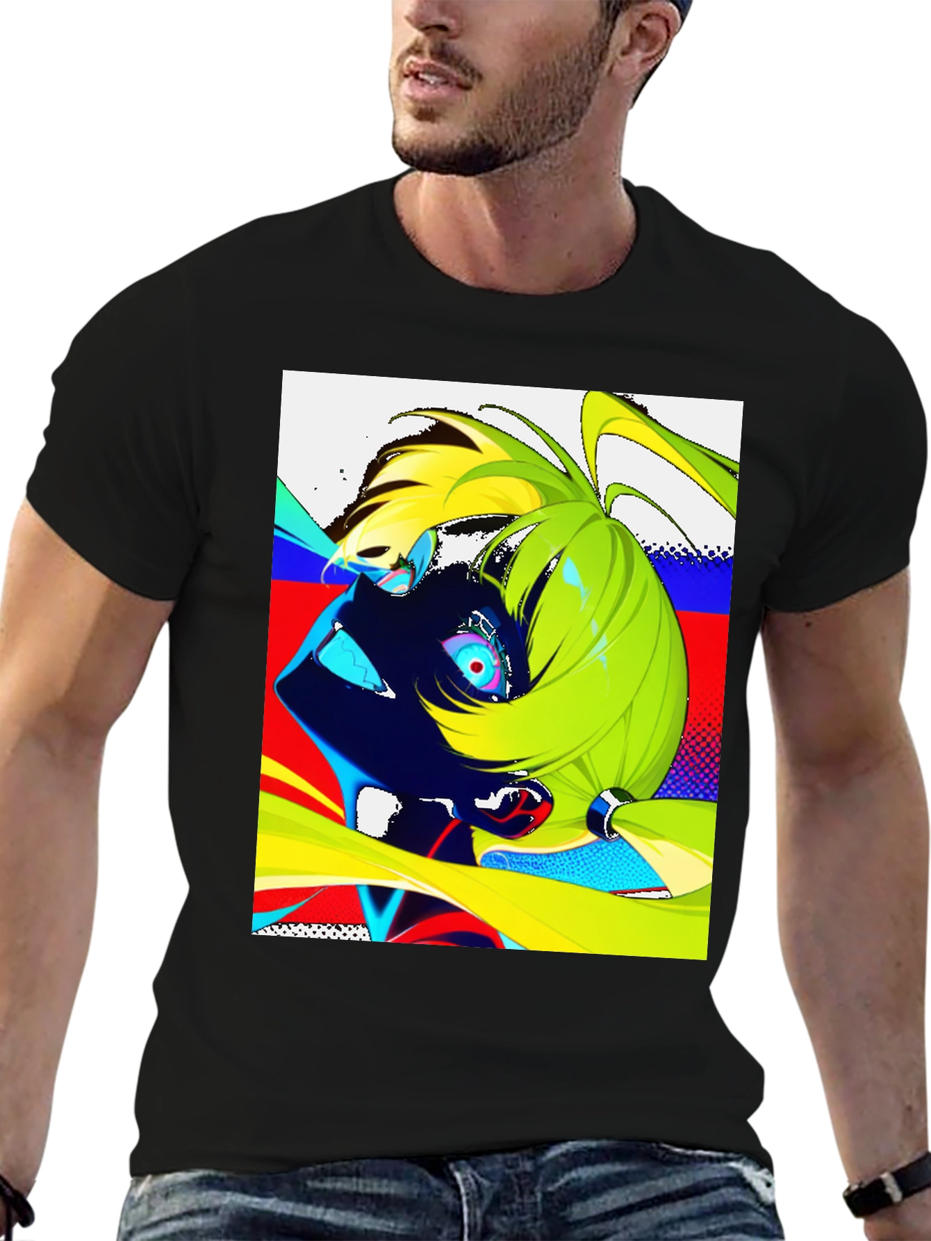 Anime Graphic Print Black Crew Neck Mens T-Shirt