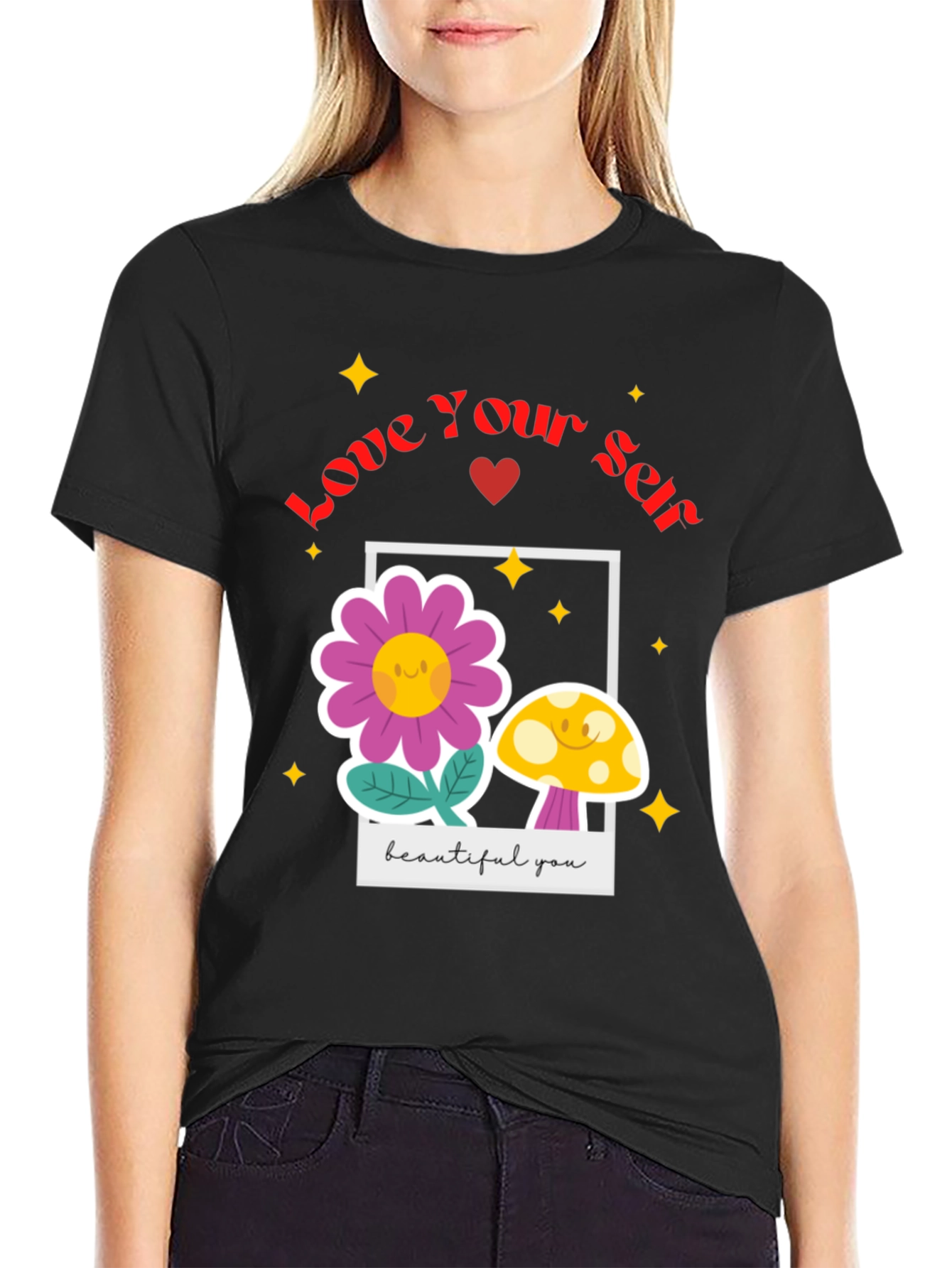 Love Yourself T-Shirt - Black Floral Design