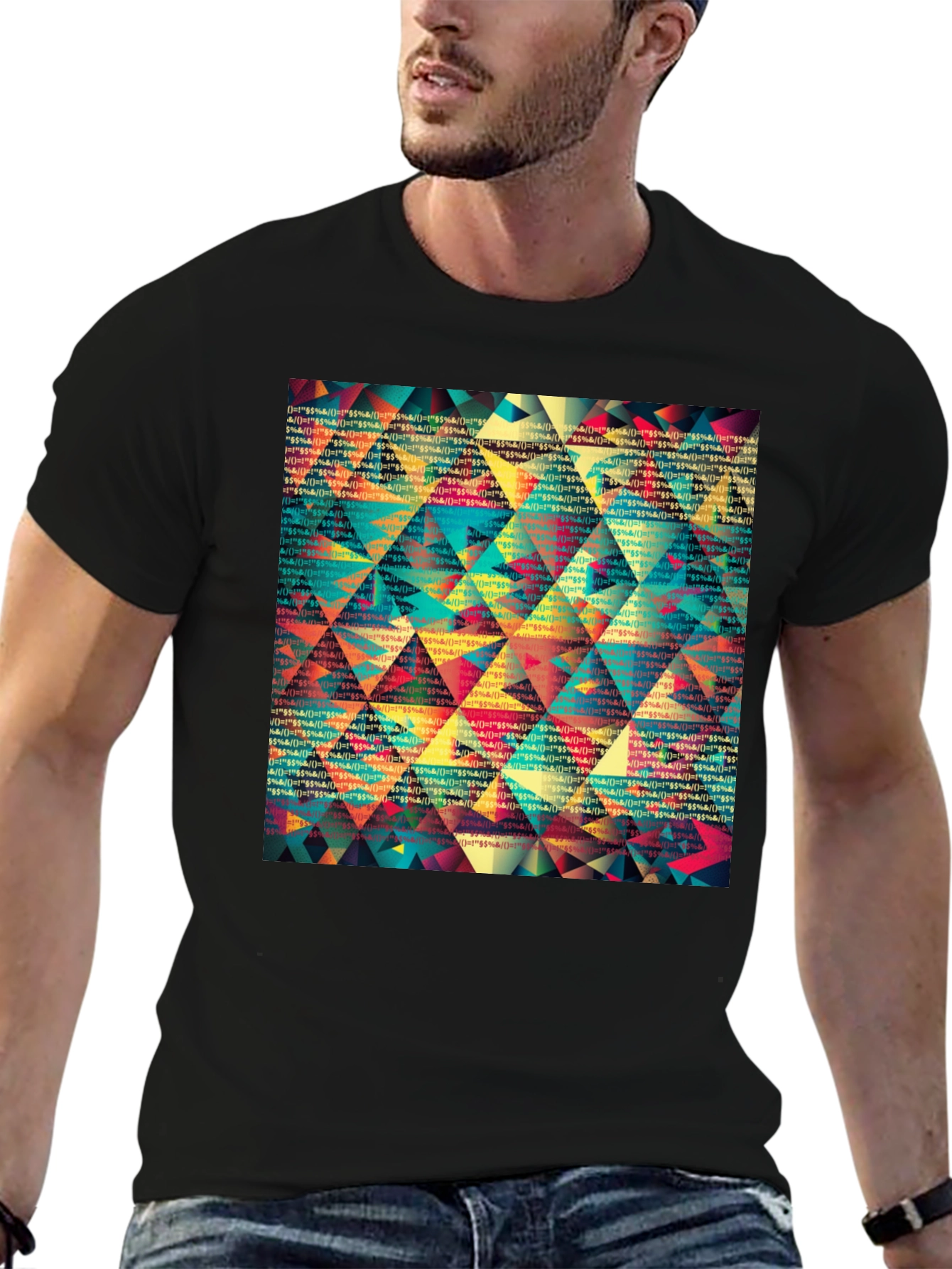Geometric Triangle Pattern Black T-Shirt