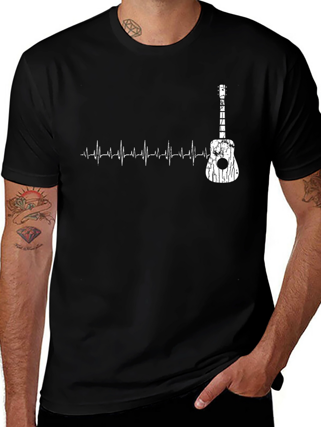 Guitar Heartbeat Graphic T-Shirt - Black