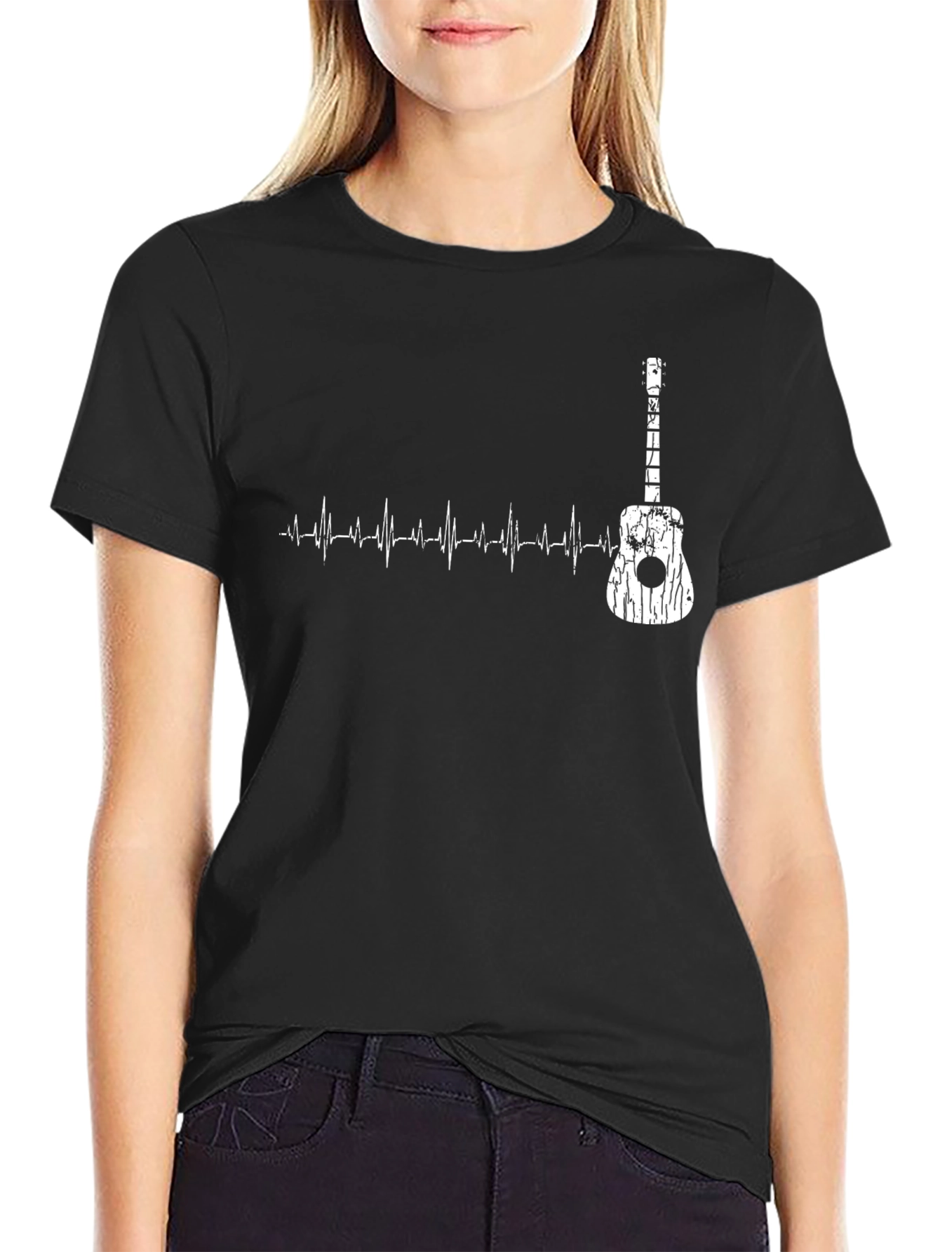Guitar Heartbeat Graphic T-Shirt - Black