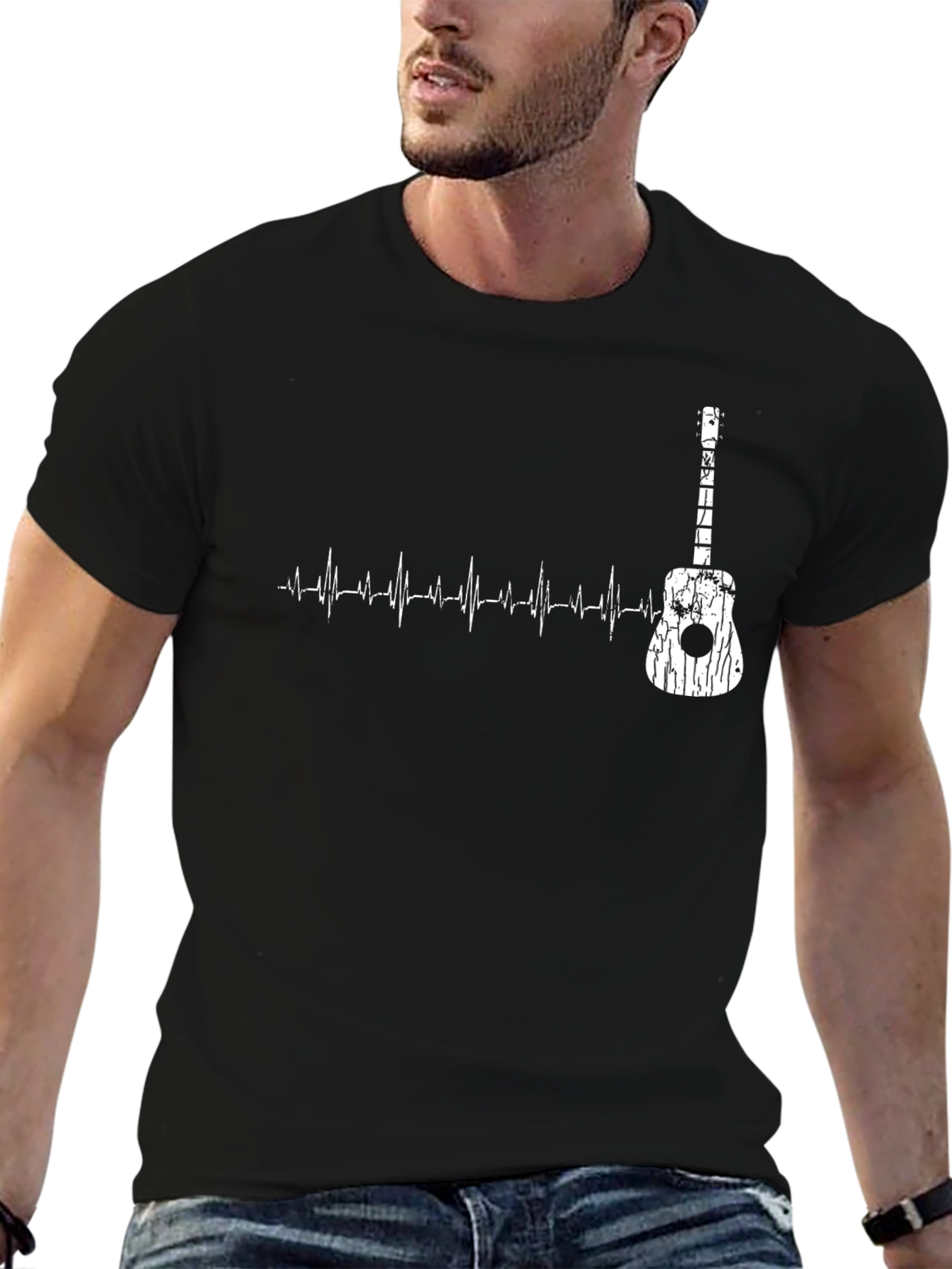 Guitar Heartbeat Graphic T-Shirt - Black