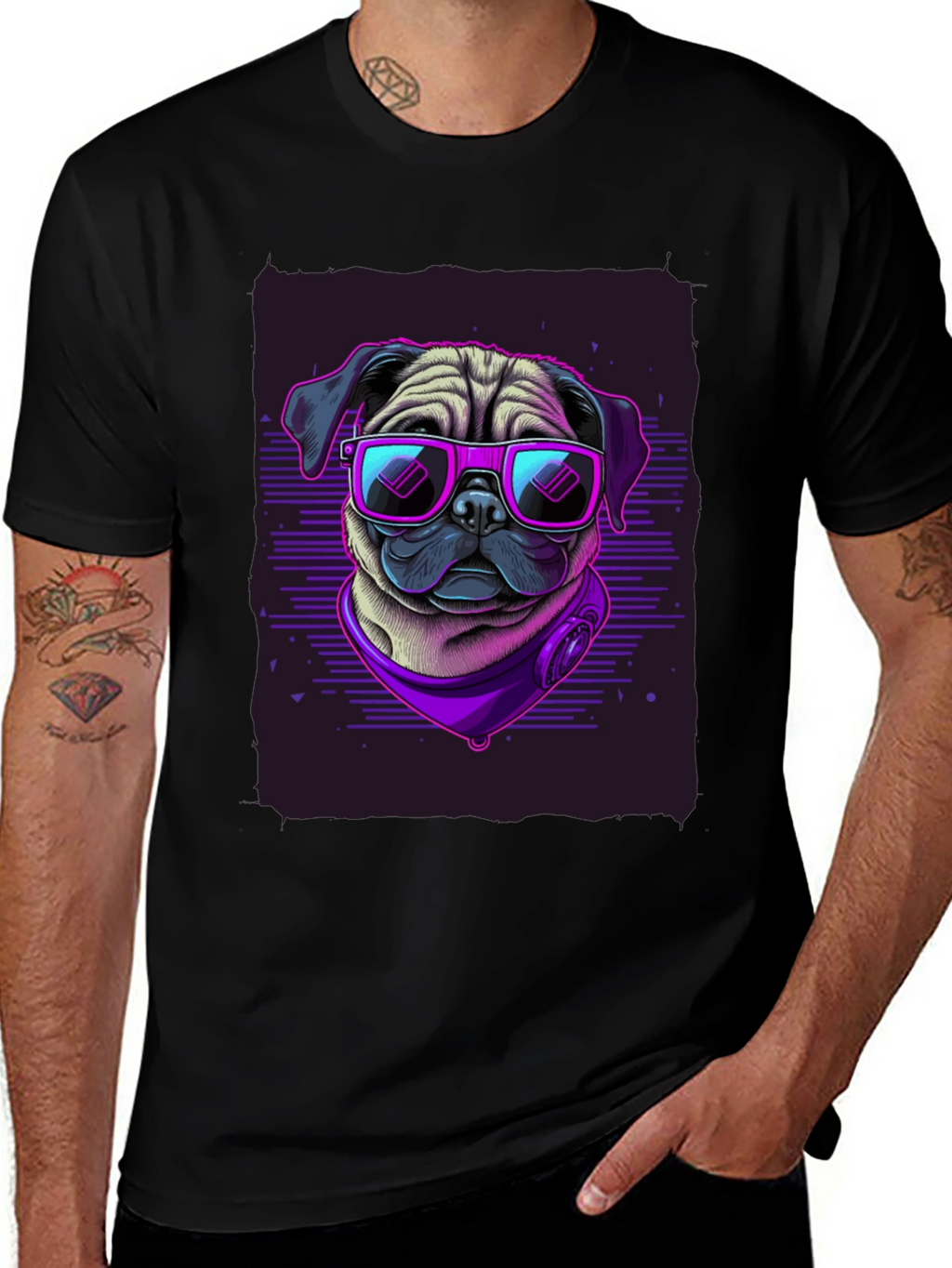 Pug Wearing Sunglasses Black T-Shirt