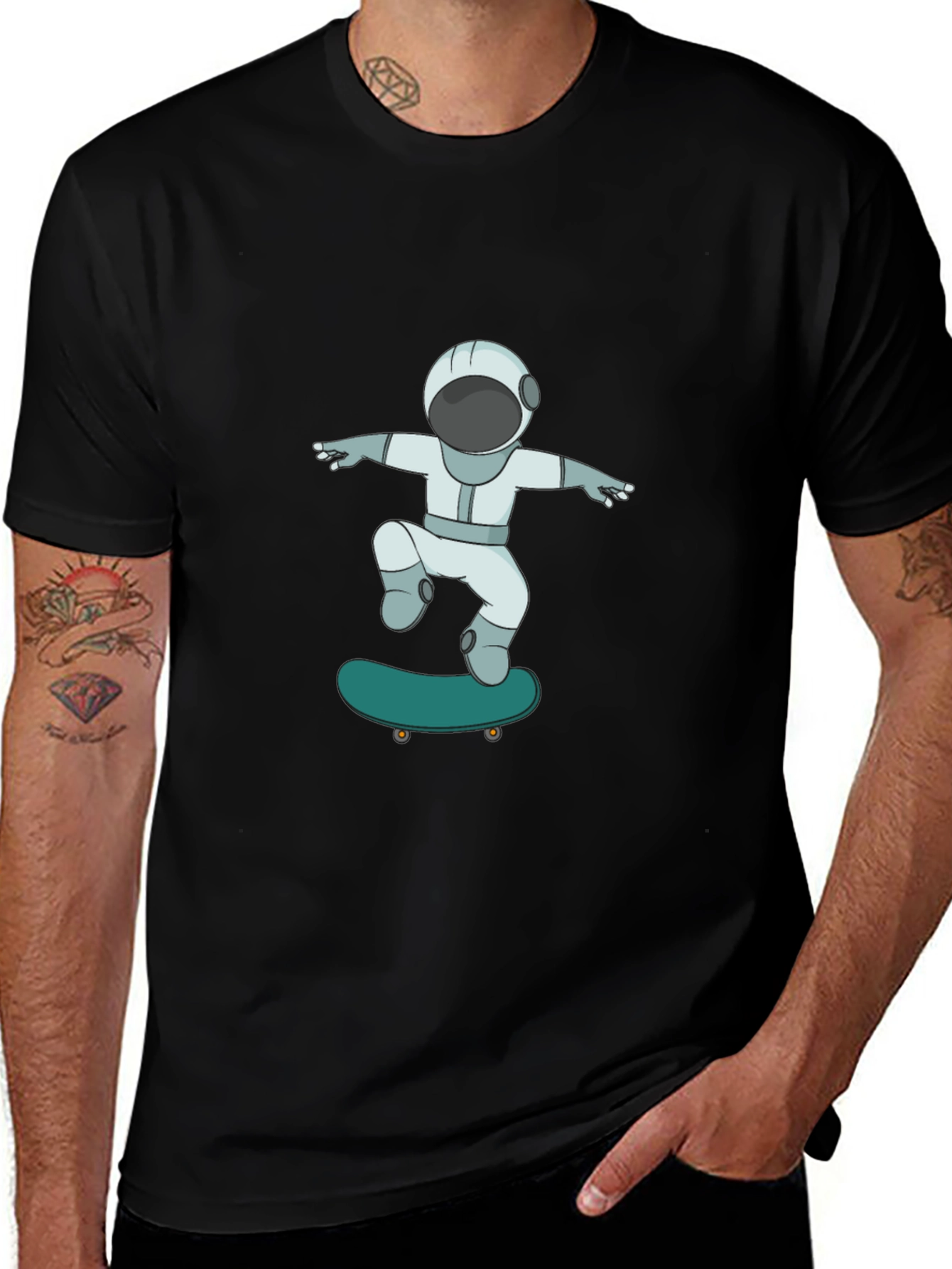 Skateboarding Astronaut Graphic Tee - Cool Black T-Shirt