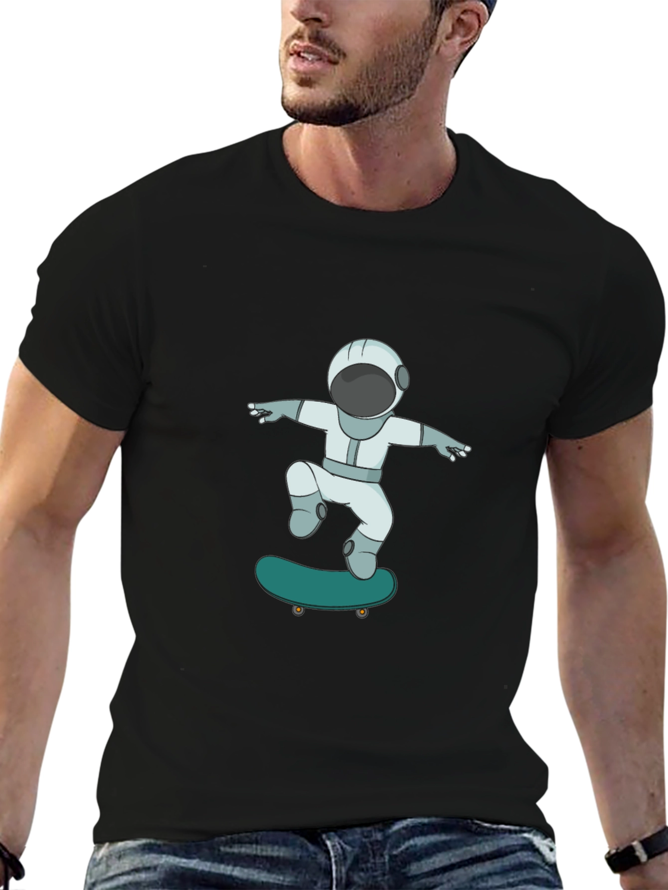 Skateboarding Astronaut Graphic Tee - Cool Black T-Shirt