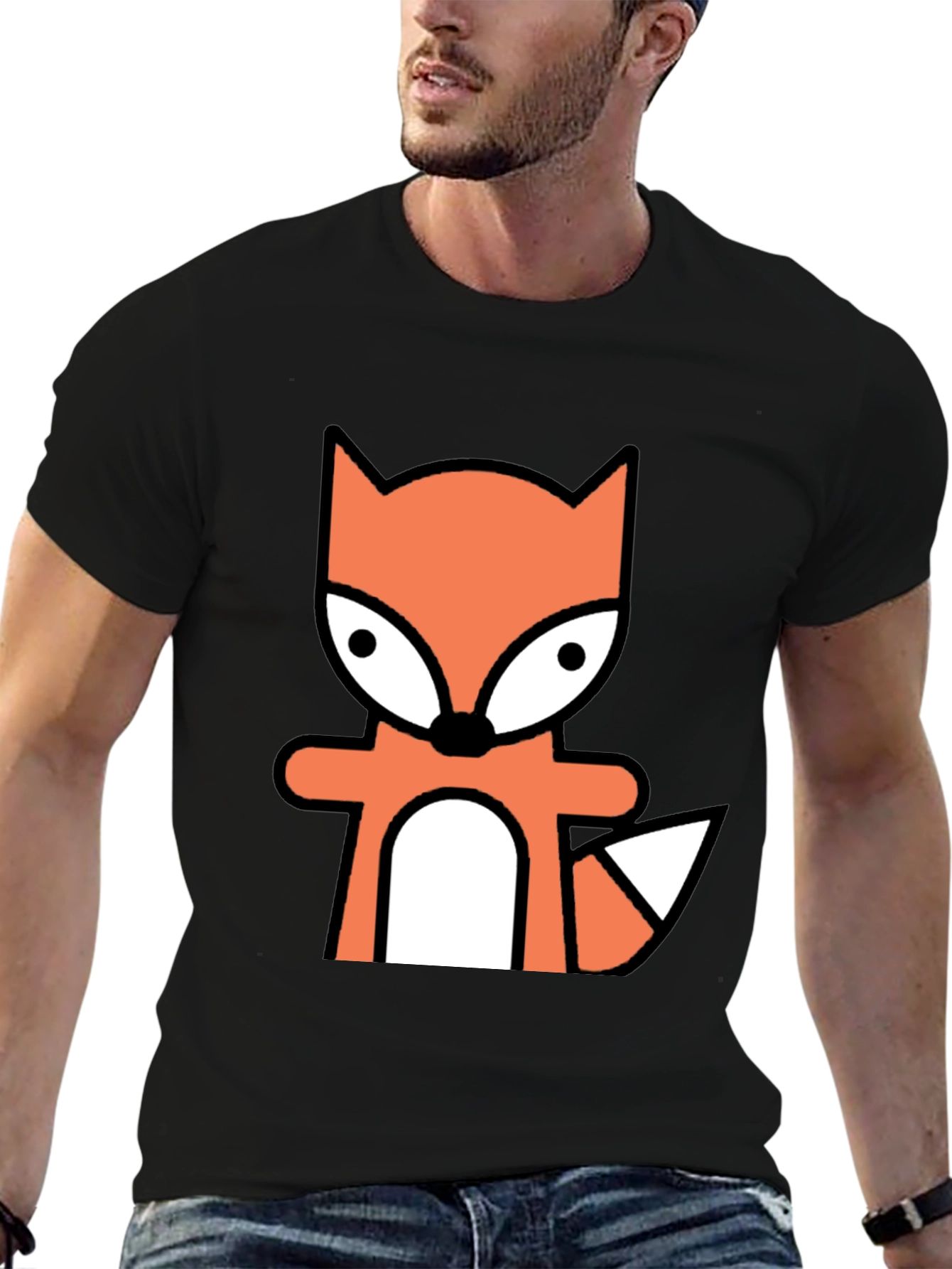 Cartoon Fox Graphic Tee - Black Cotton Blend