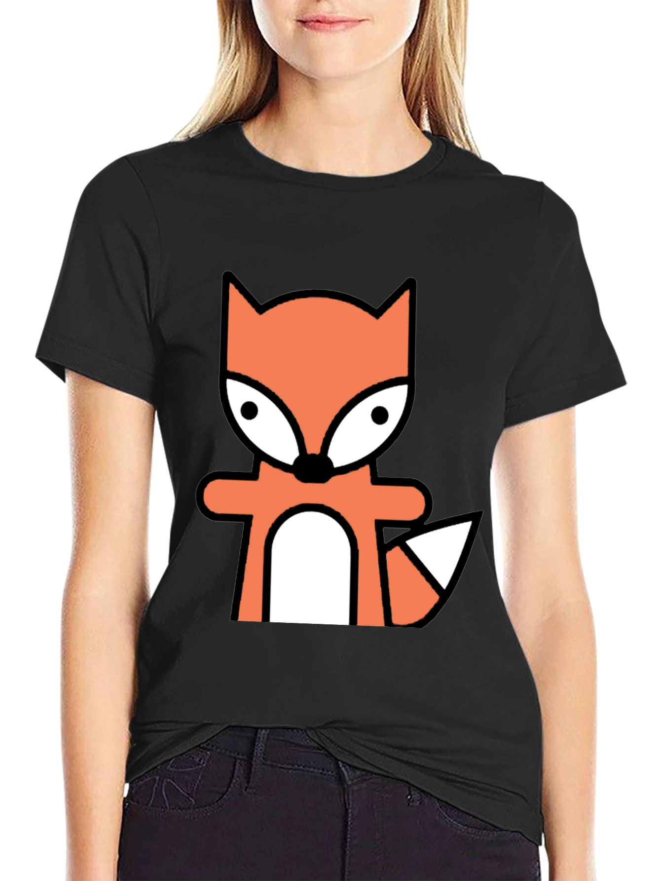 Cartoon Fox Graphic Tee - Black Cotton Blend
