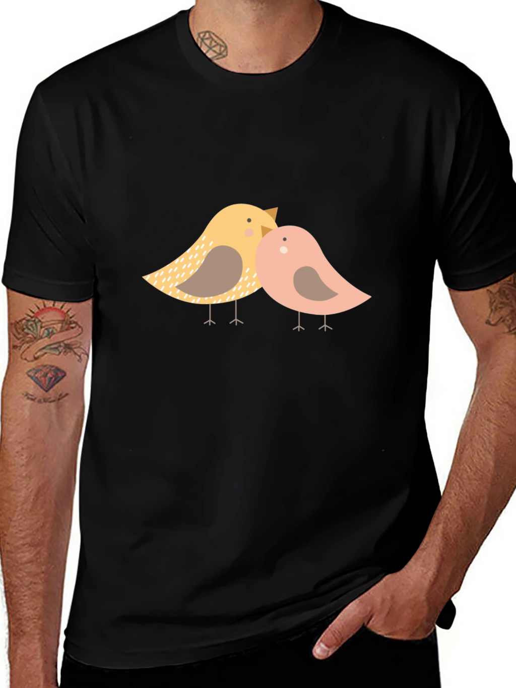 Cute Birds Graphic Print Black T-Shirt