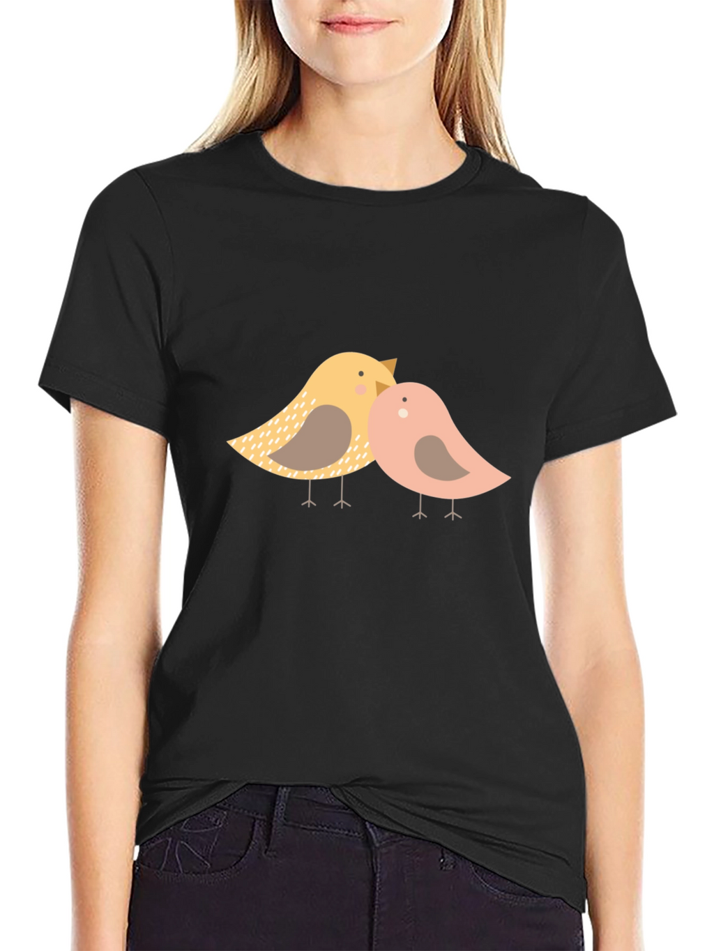 Cute Birds Graphic Print Black T-Shirt