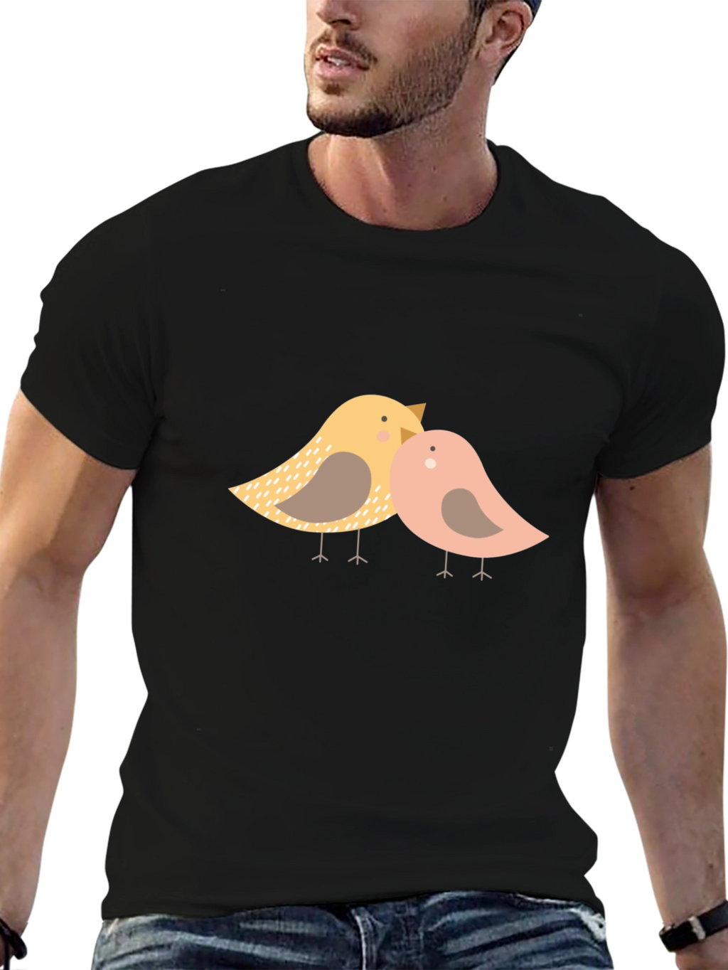Cute Birds Graphic Print Black T-Shirt
