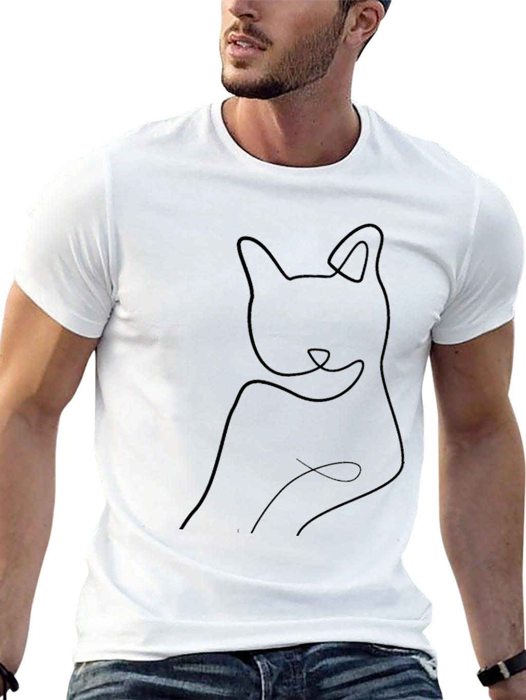 Minimalist Cat Outline Black T-Shirt
