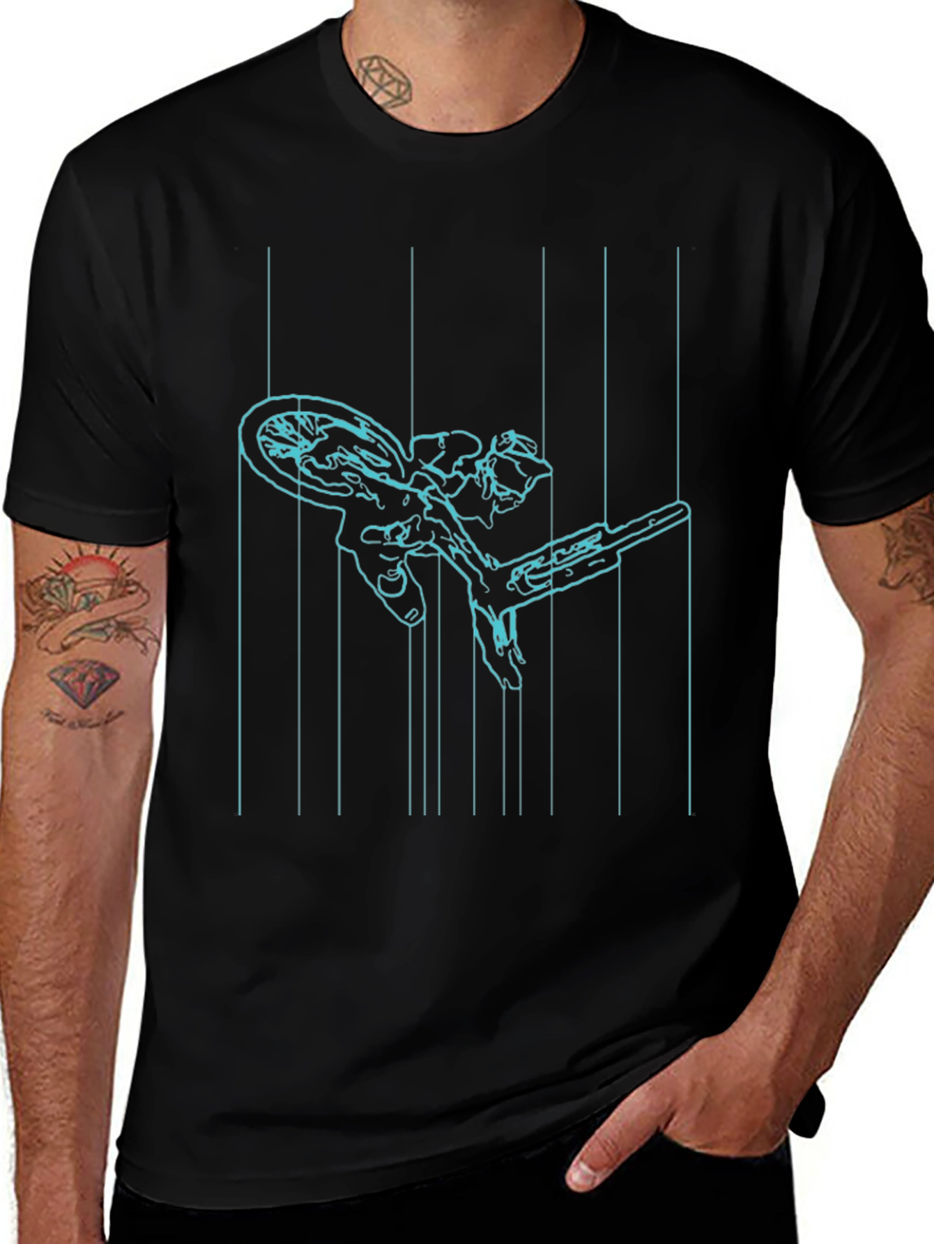 Cyan Line Art Bike Black T-Shirt