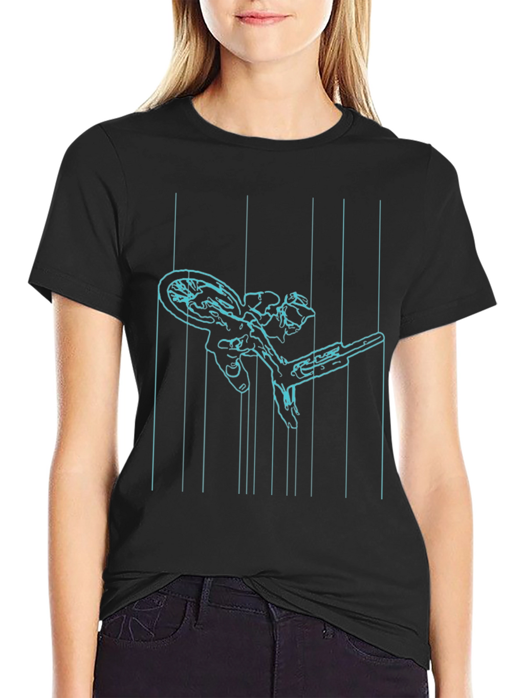 Cyan Line Art Bike Black T-Shirt