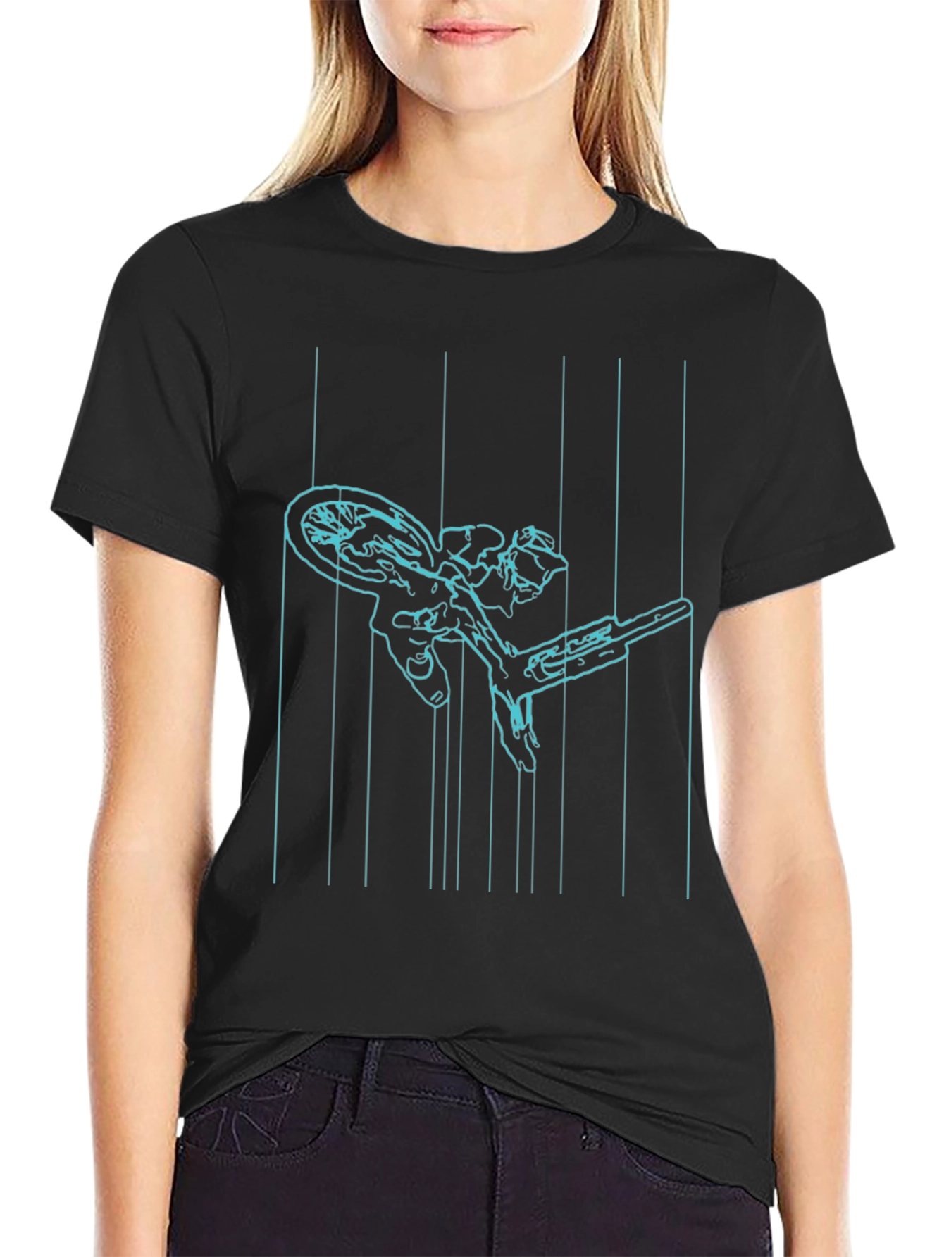 Cyan Line Art Bike Black T-Shirt