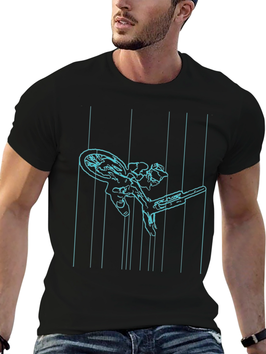 Cyan Line Art Bike Black T-Shirt