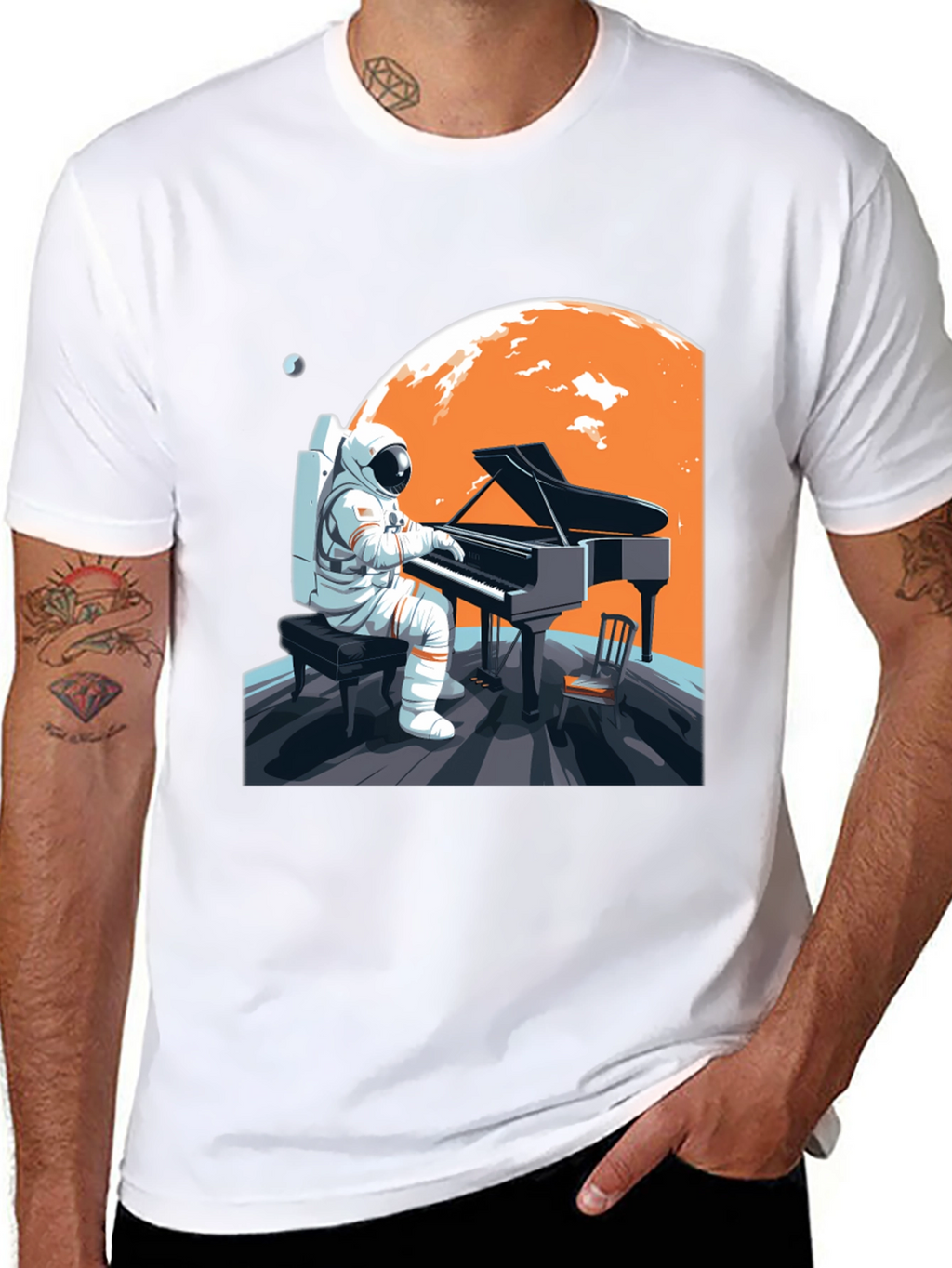 Astronaut Pianist Graphic Tee - Space Music Shirt