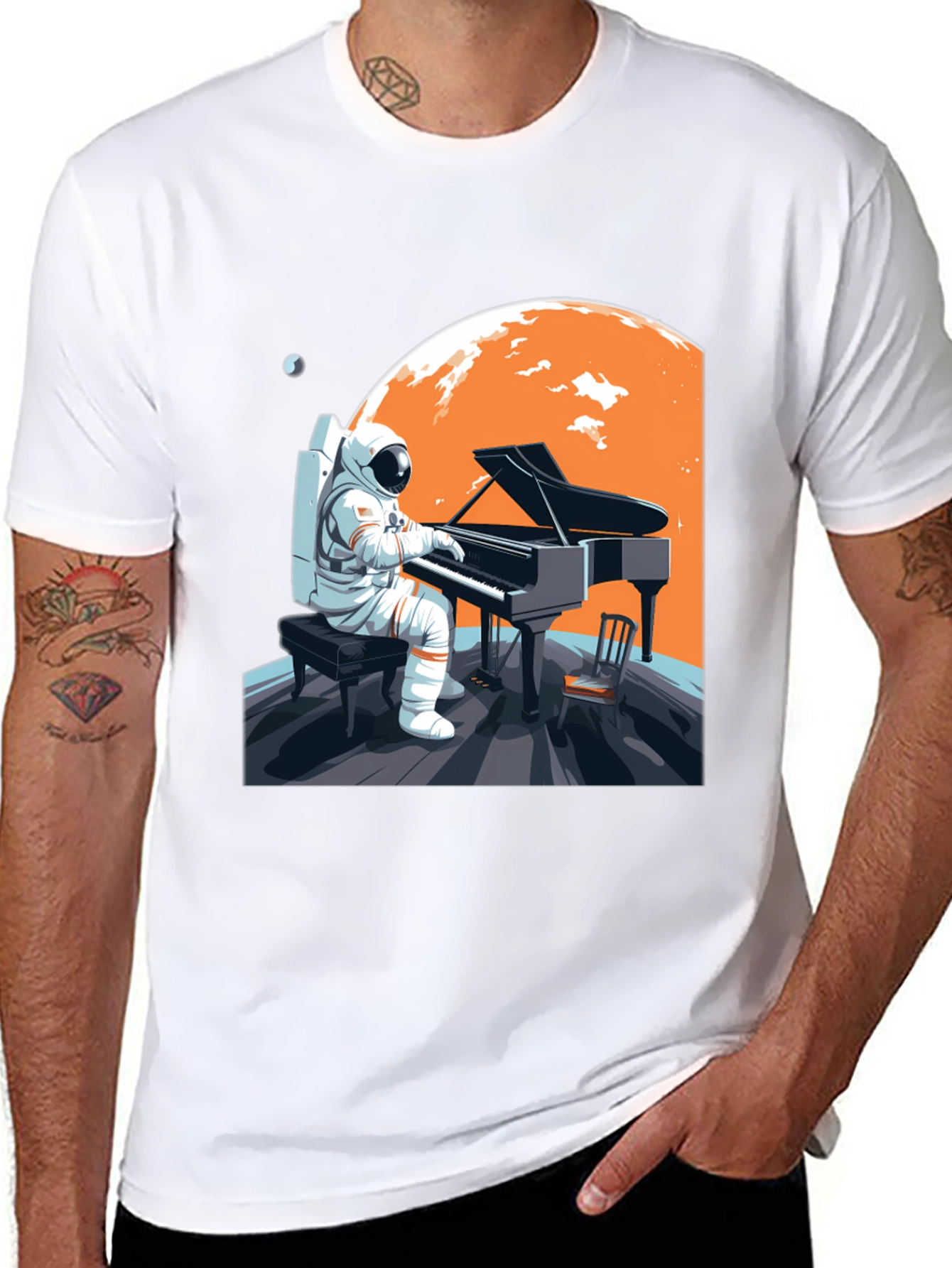 Astronaut Pianist Graphic Tee - Space Music Shirt