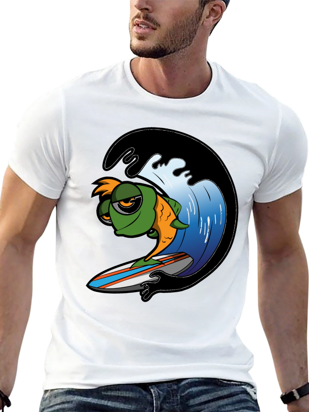 Surfing Fish Graphic Tee - Black Cotton T-Shirt