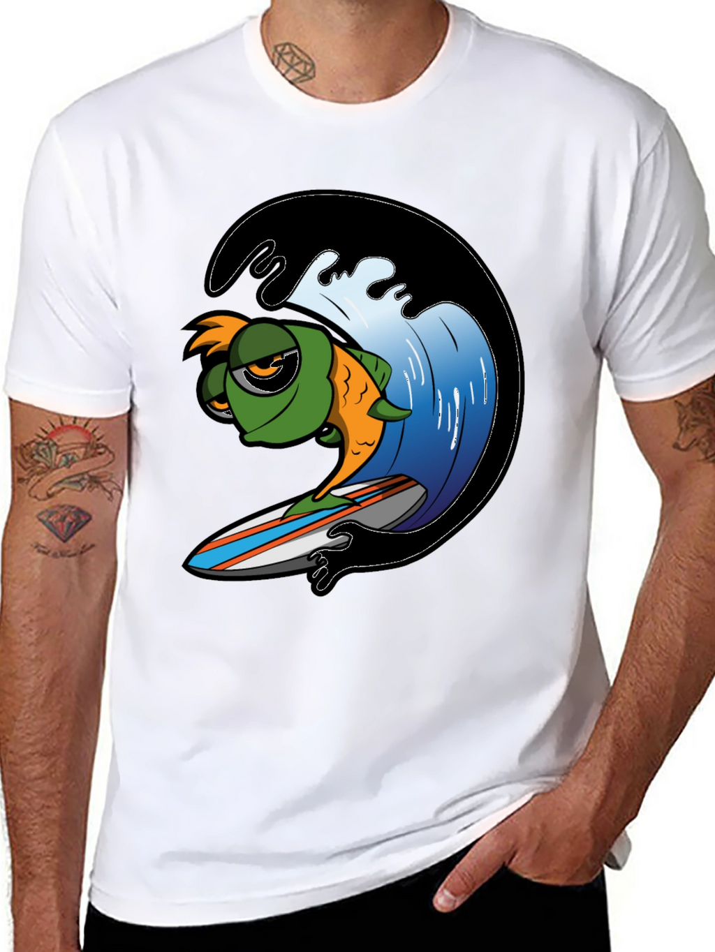 Surfing Fish Graphic Tee - Black Cotton T-Shirt