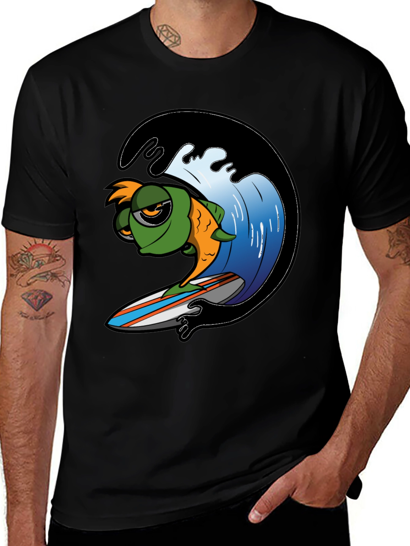 Surfing Fish Graphic Tee - Black Cotton T-Shirt
