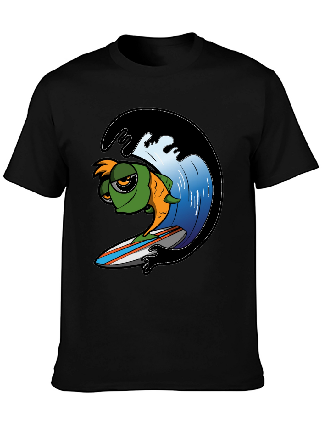 Surfing Fish Graphic Tee - Black Cotton T-Shirt