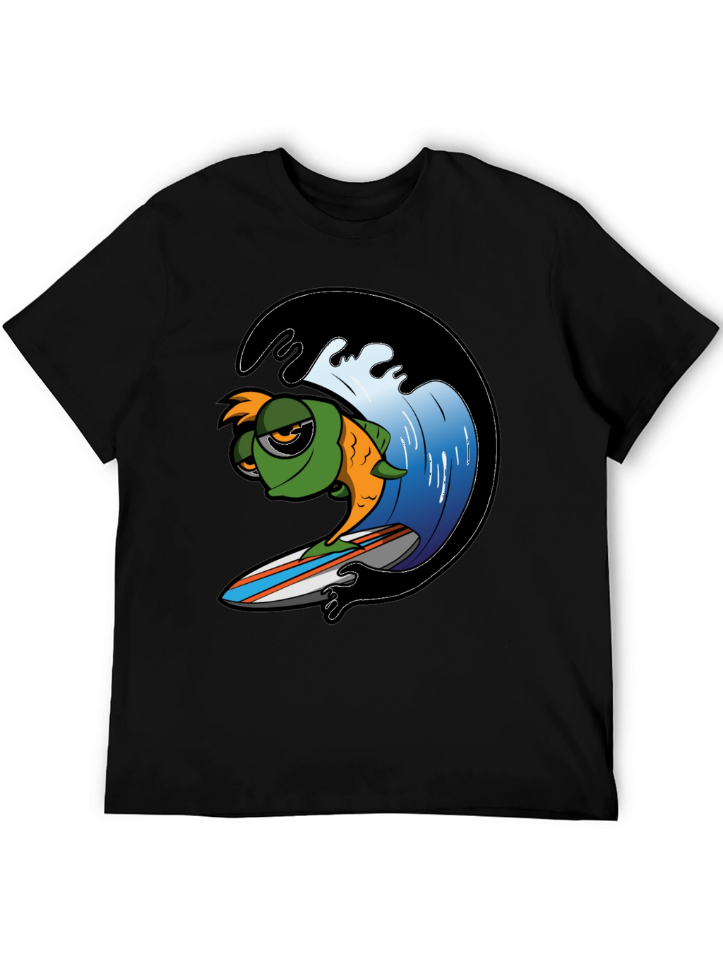 Surfing Fish Graphic Tee - Black Cotton T-Shirt
