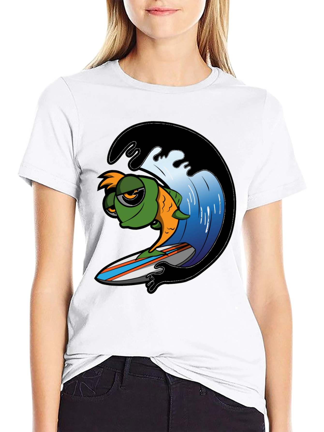 Surfing Fish Graphic Tee - Black Cotton T-Shirt
