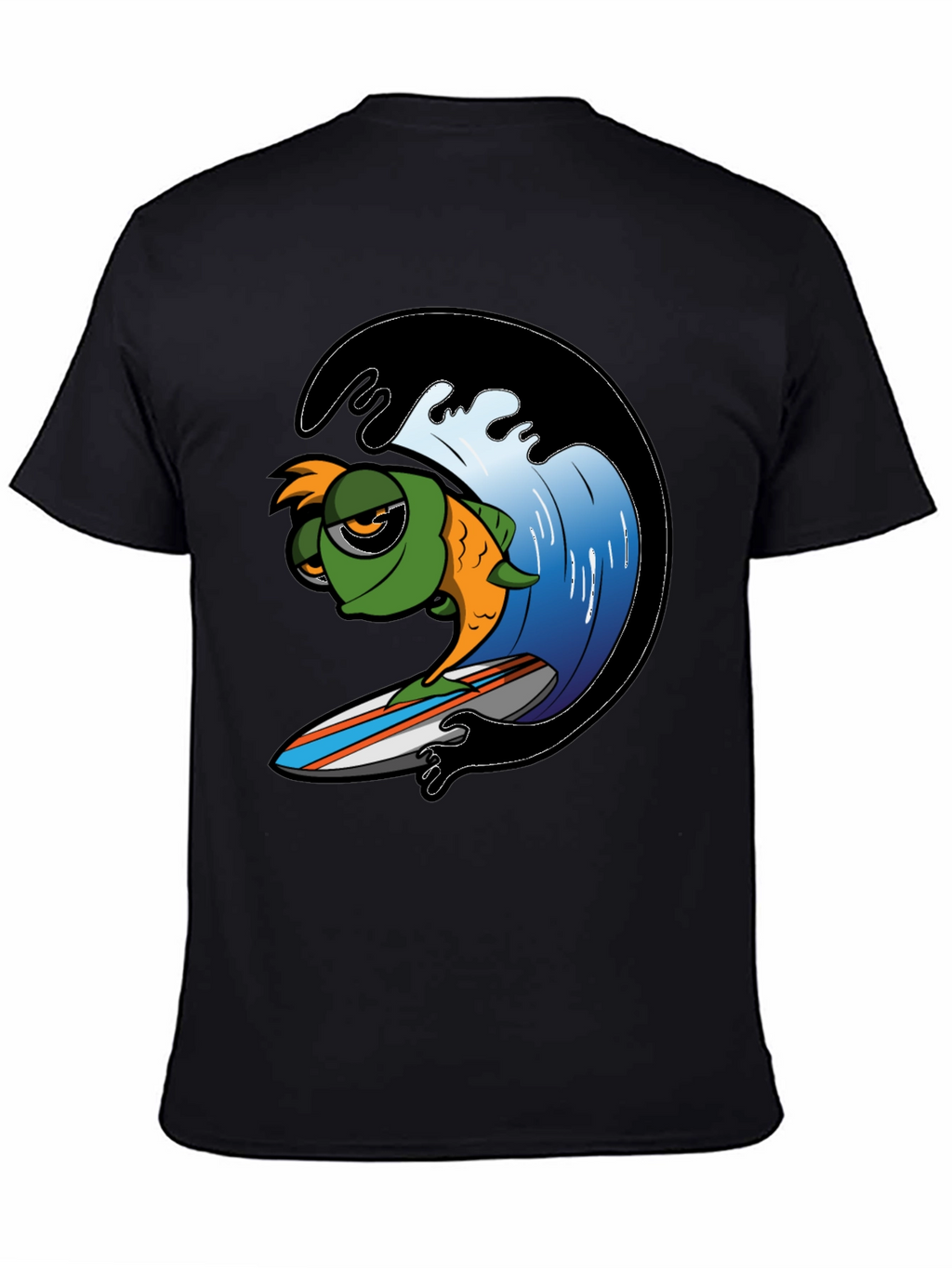 Surfing Fish Graphic Tee - Black Cotton T-Shirt
