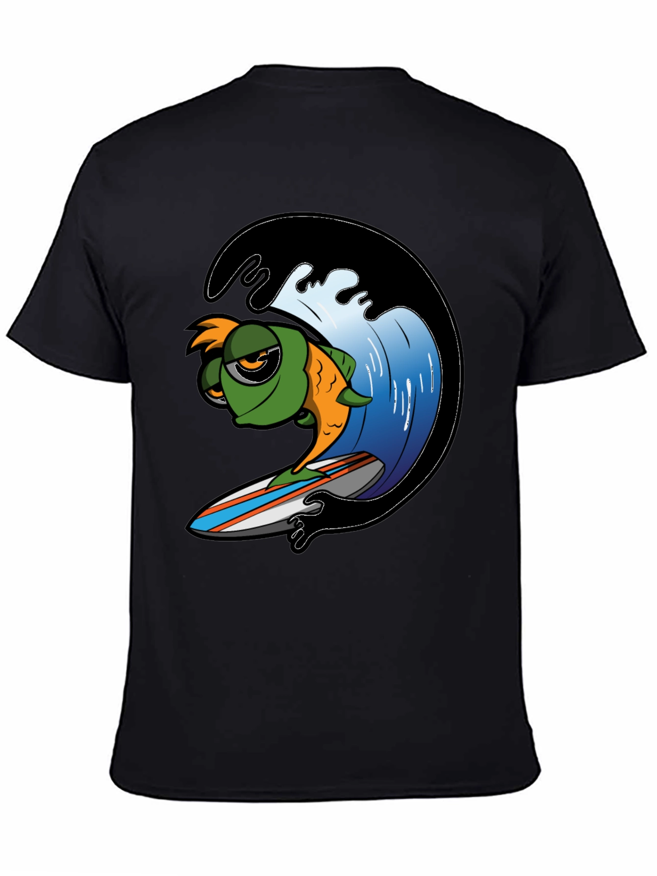Surfing Fish Graphic Tee - Black Cotton T-Shirt