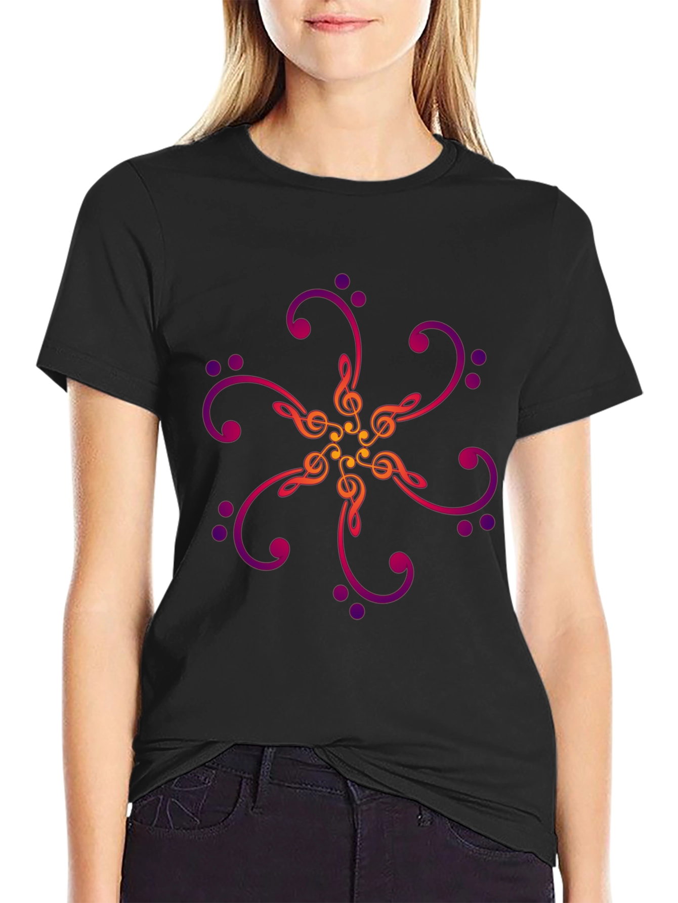 Musical Notes Graphic Print Black T-Shirt
