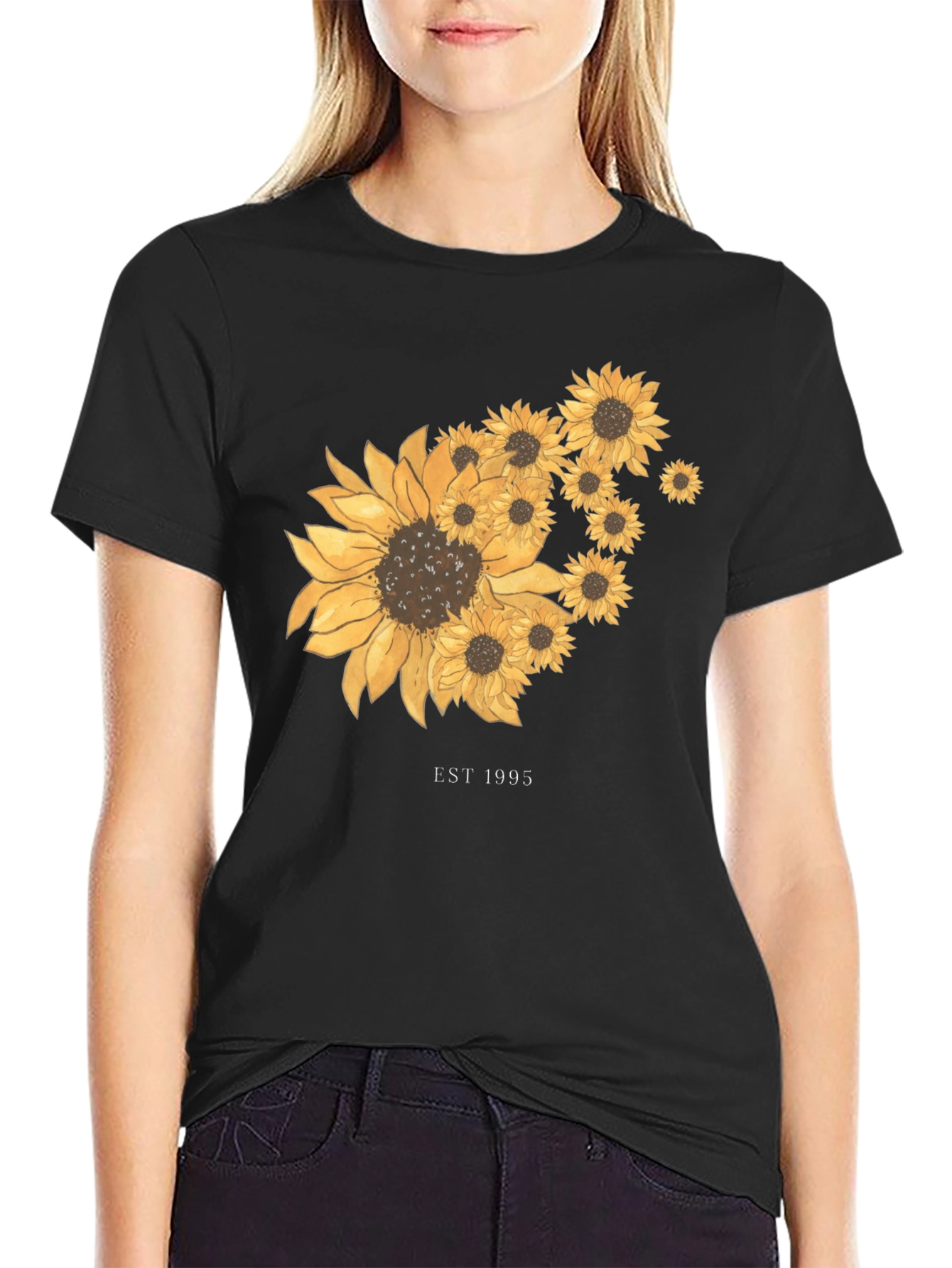 Sunflower Graphic Tee - Est. 1995 - Black Cotton T-Shirt