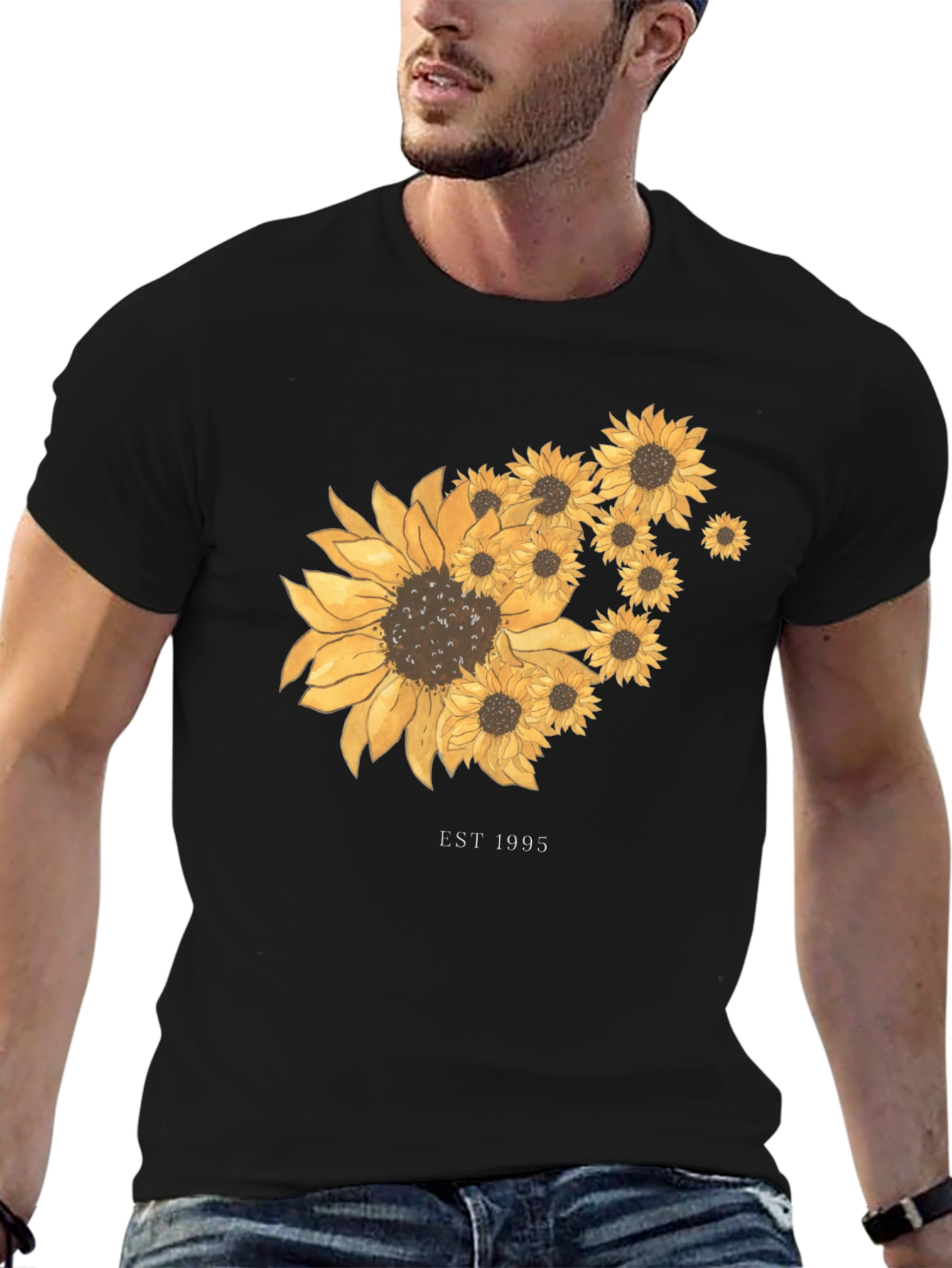 Sunflower Graphic Tee - Est. 1995 - Black Cotton T-Shirt