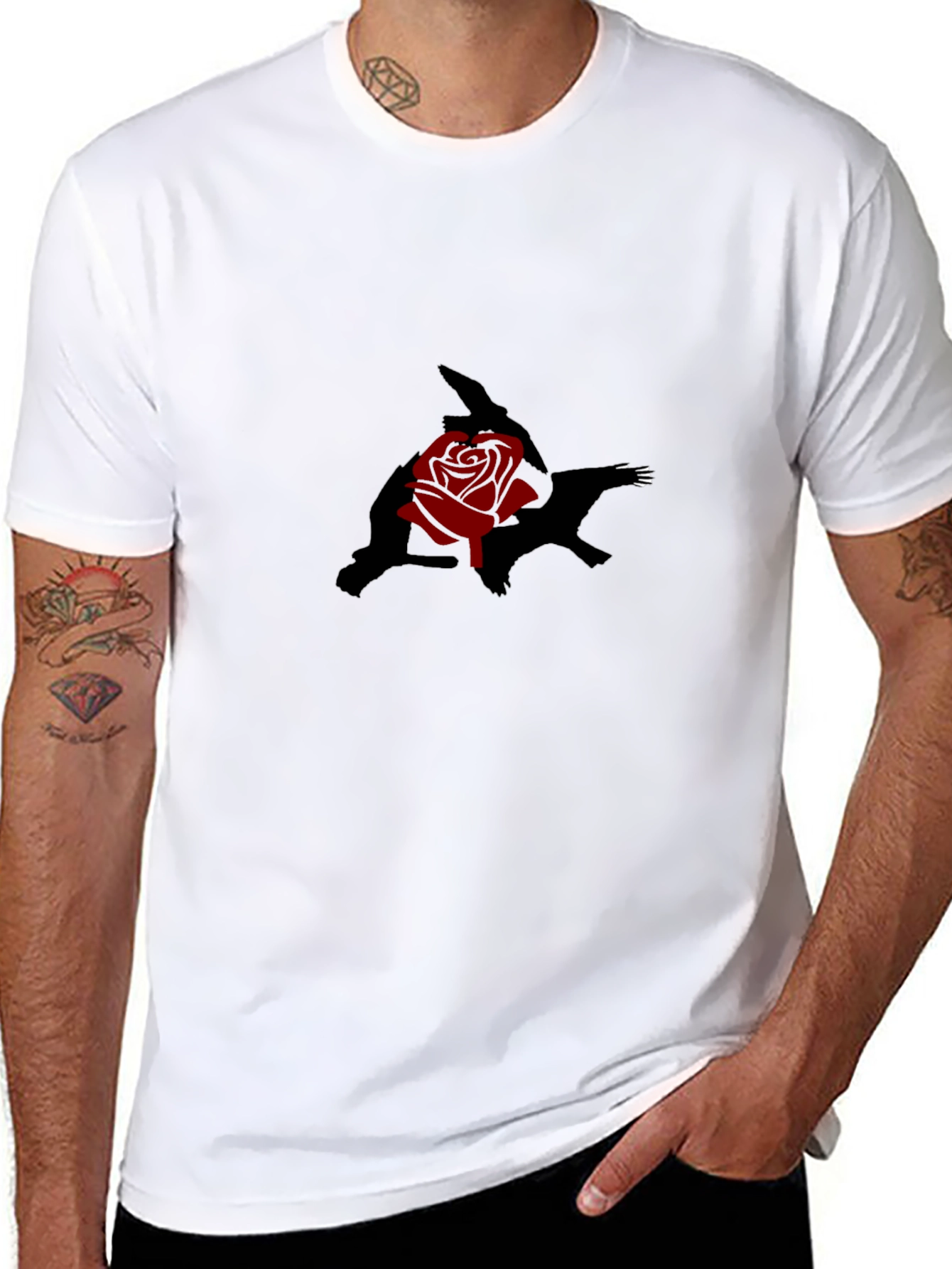 Black T-Shirt with Rose and Shadow Graphic Print