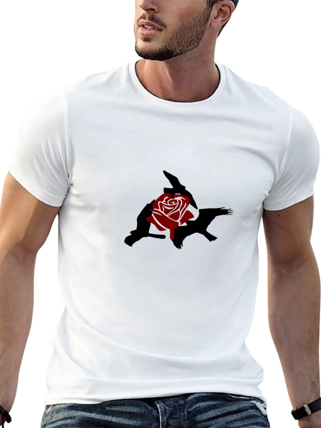 Black T-Shirt with Rose and Shadow Graphic Print