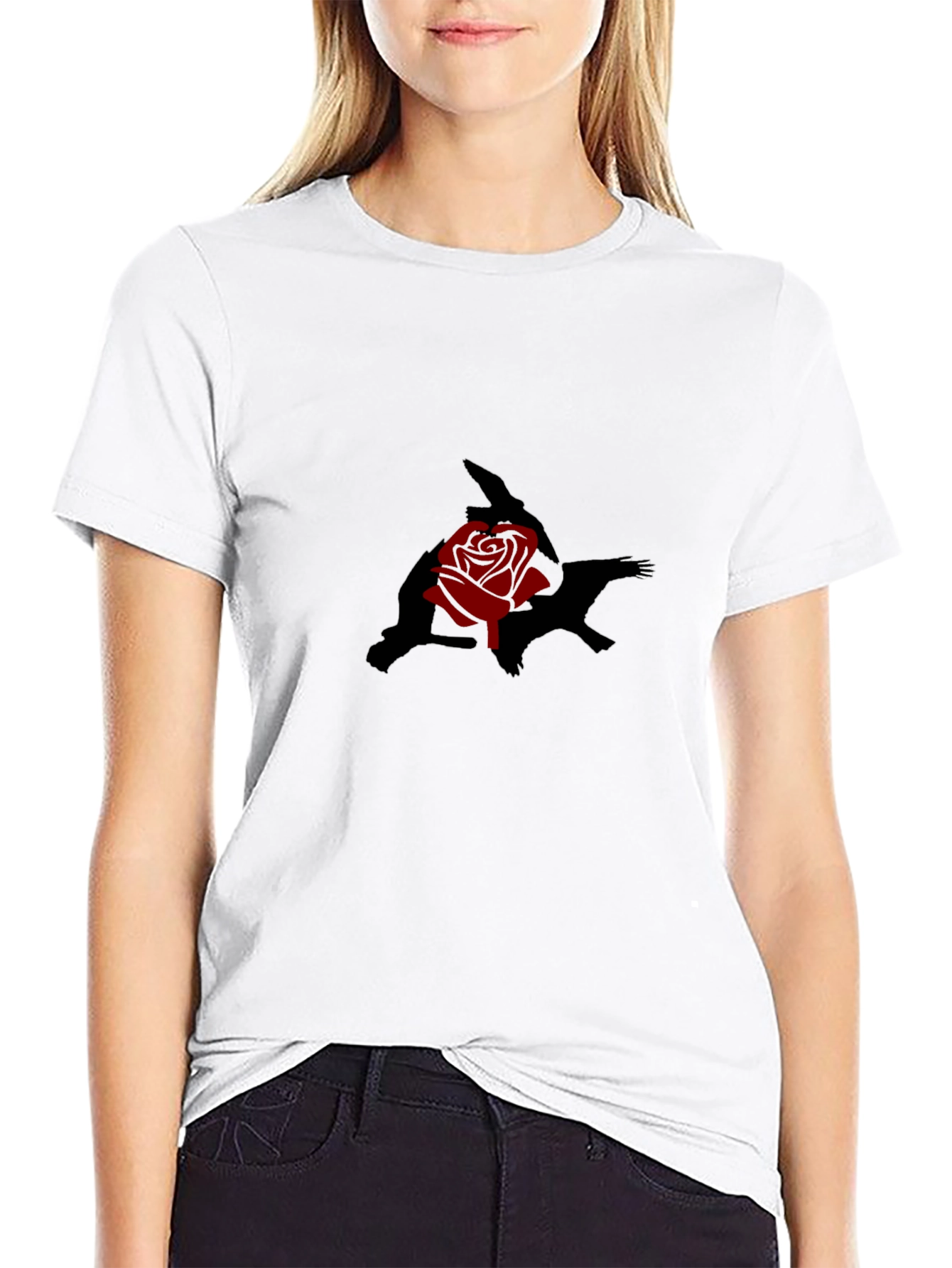 Black T-Shirt with Rose and Shadow Graphic Print