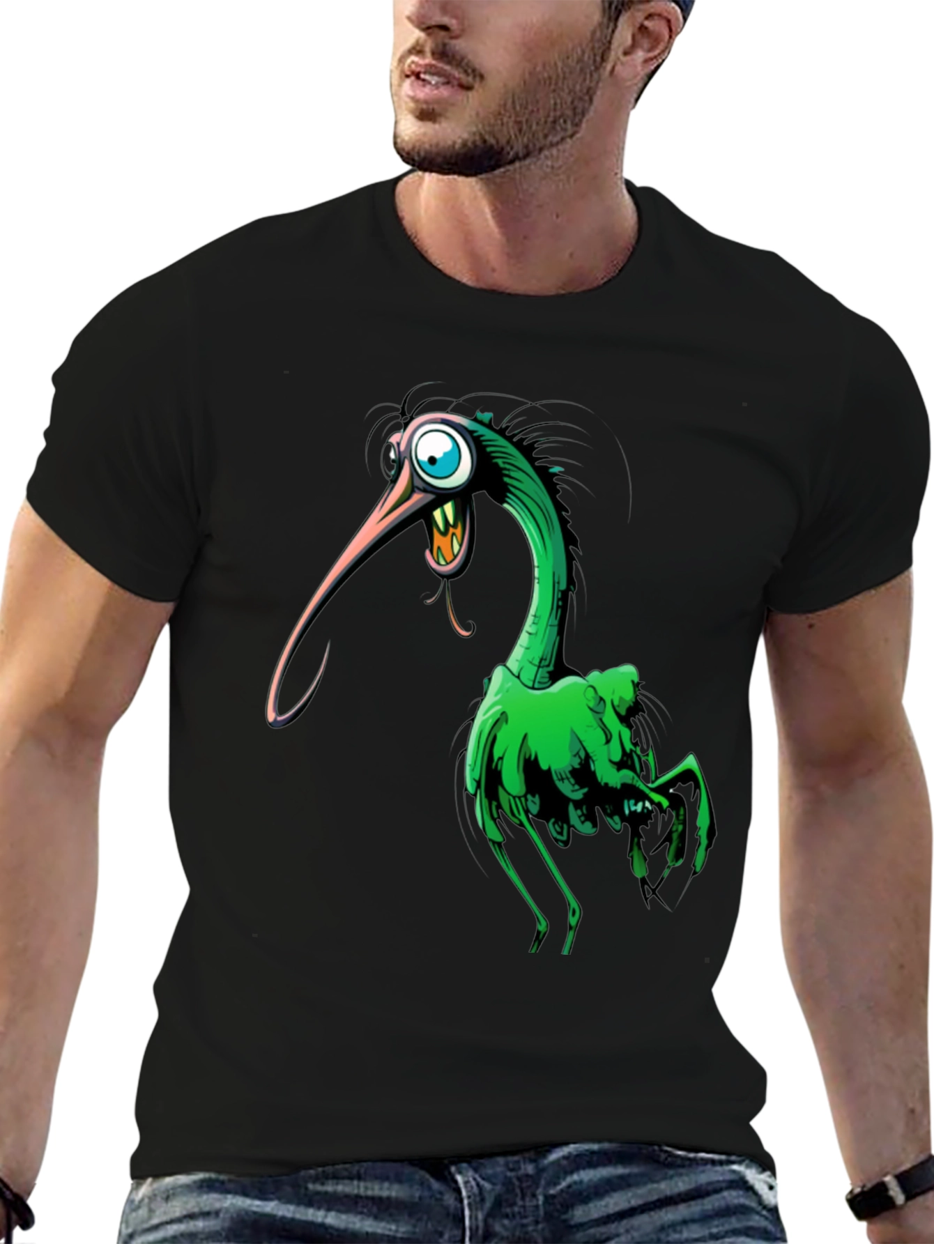Cartoon Bird Graphic Tee - Unique Black T-Shirt