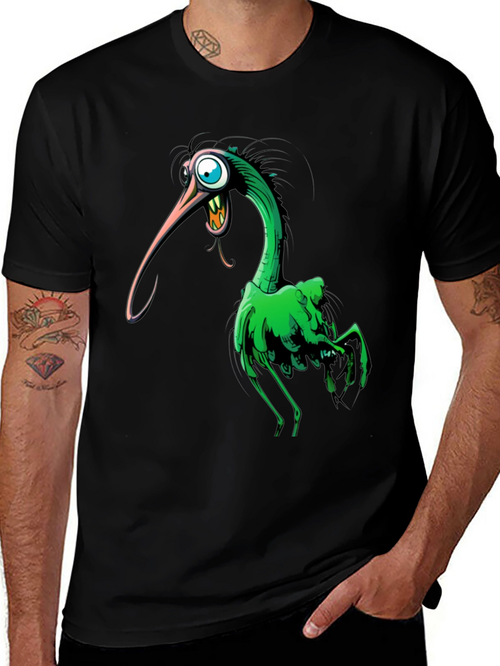 Cartoon Bird Graphic Tee - Unique Black T-Shirt
