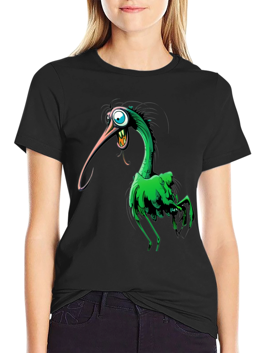 Cartoon Bird Graphic Tee - Unique Black T-Shirt