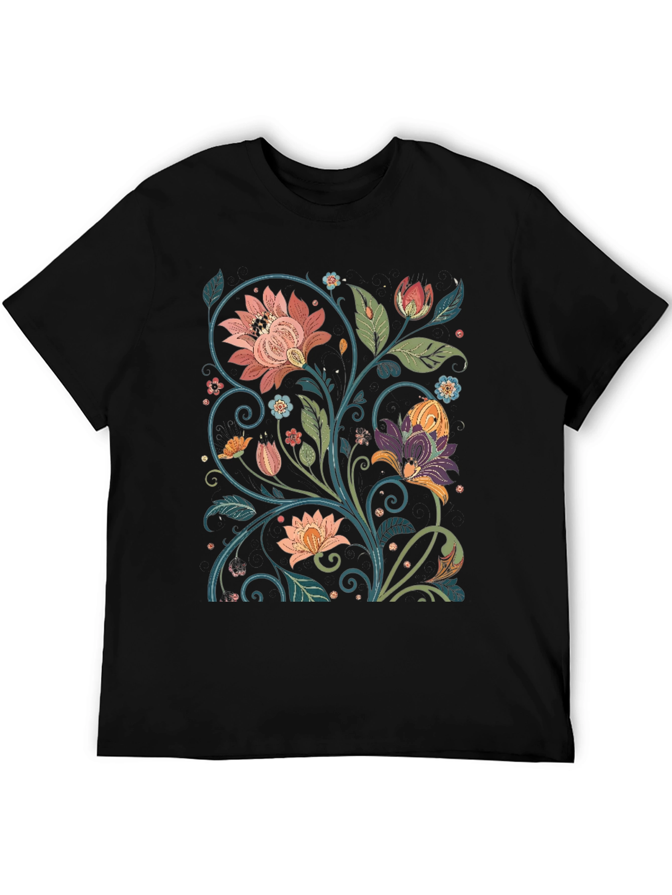Floral Pattern Black T-Shirt - Vintage Style