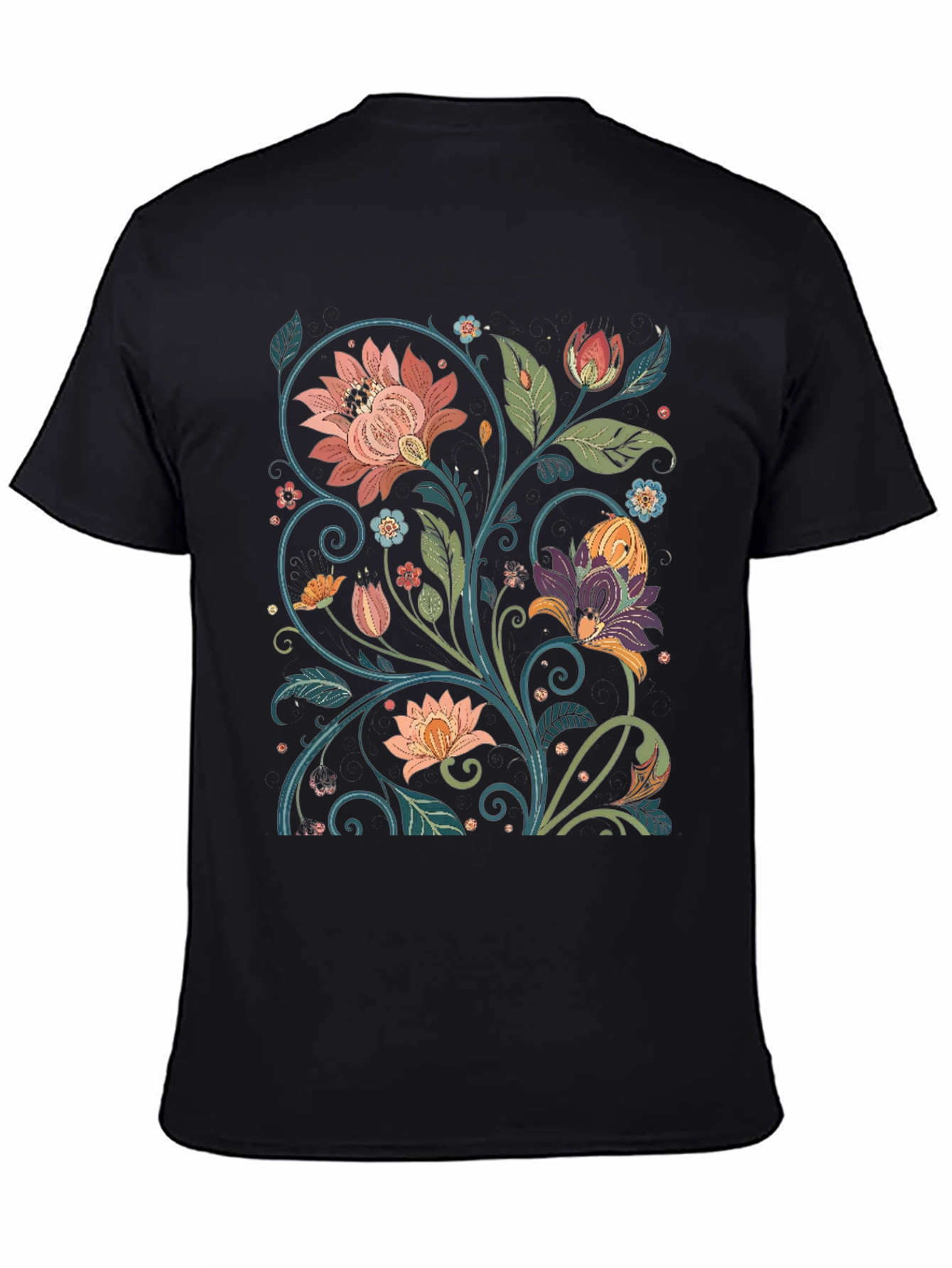Floral Pattern Black T-Shirt - Vintage Style